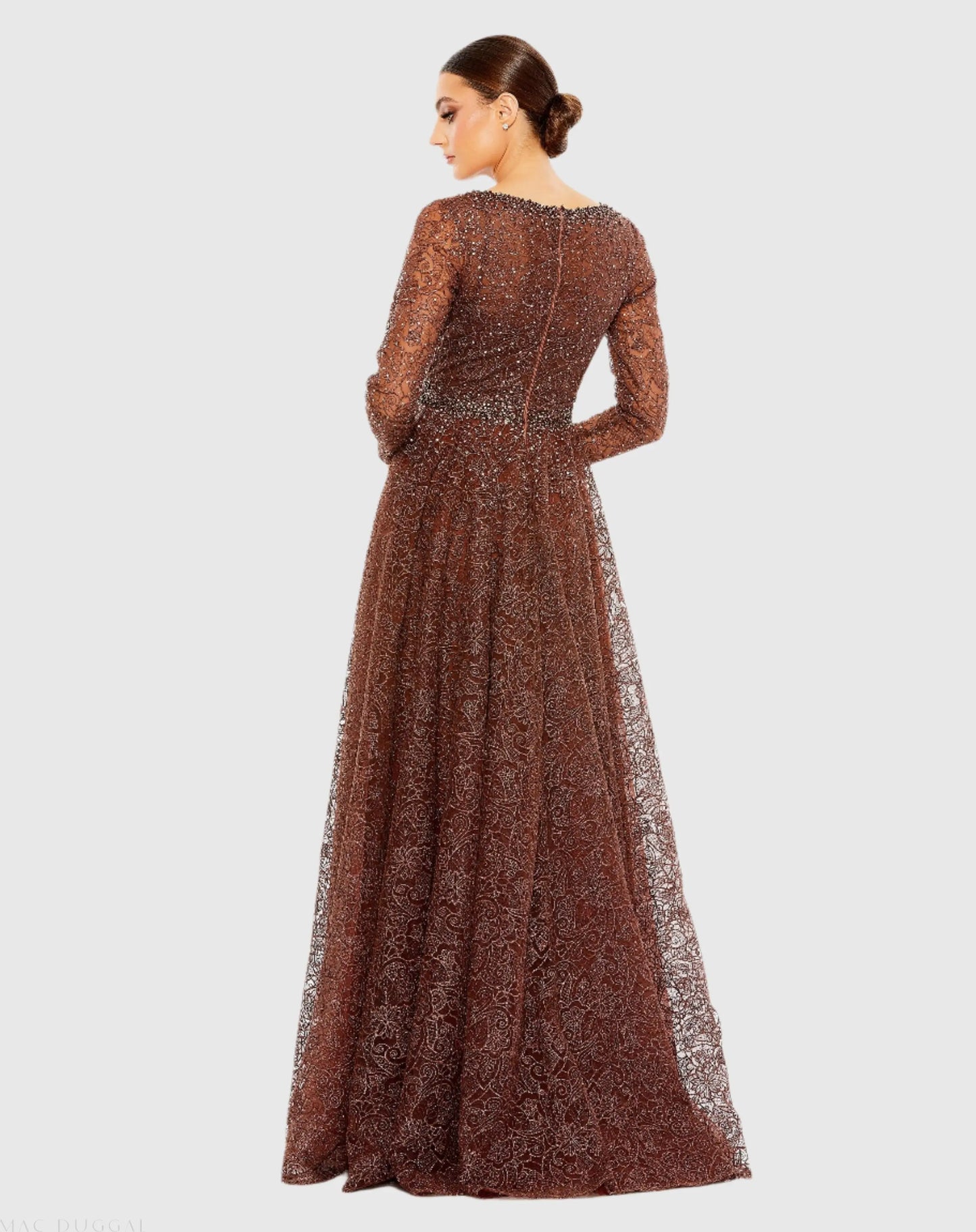Brown Embellished Illusion Long Sleeve V Neck Gown - Mac Duggal