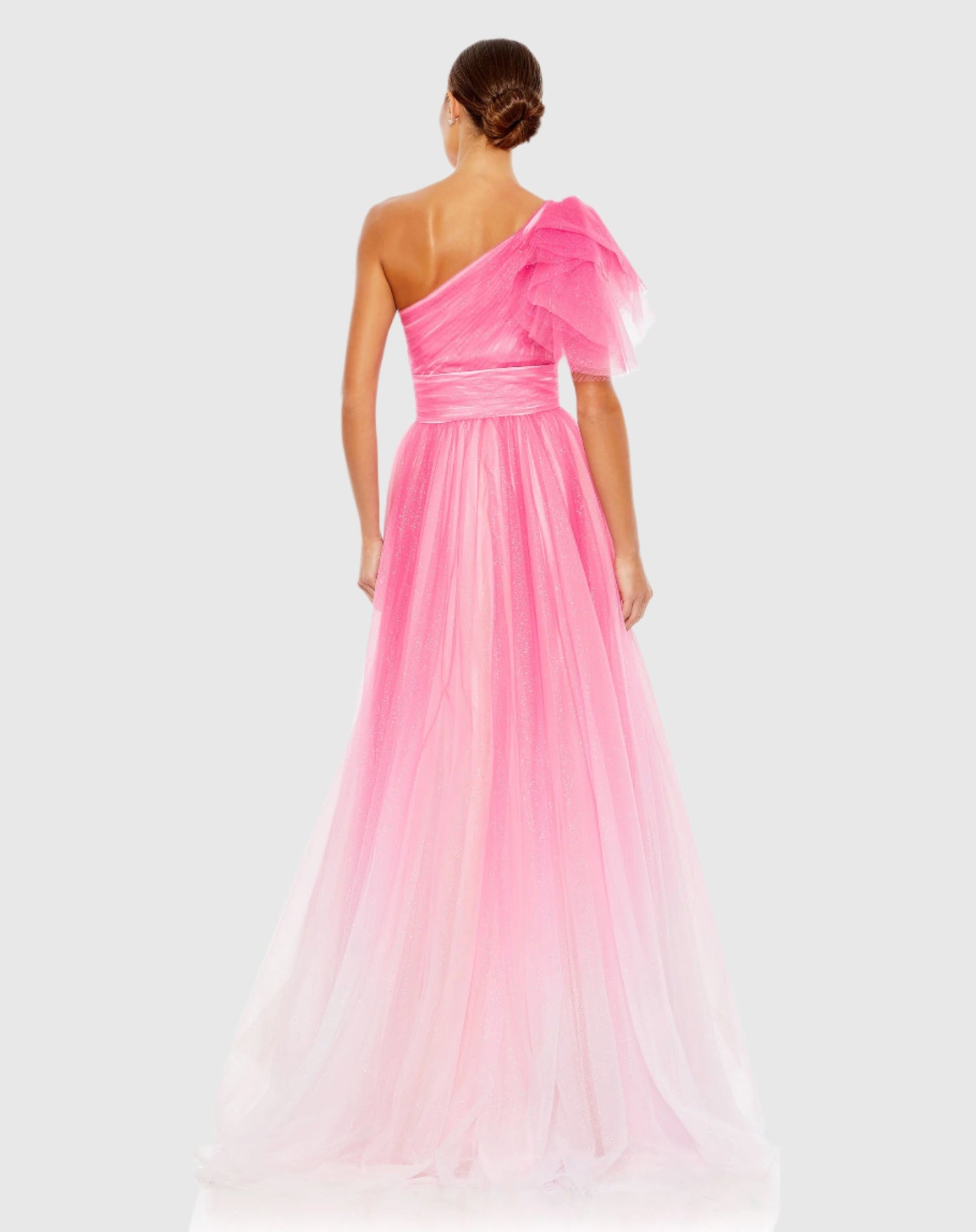 Ballkleid mit Glitzer und Ombre-Muster und Rüschen an einer Schulter