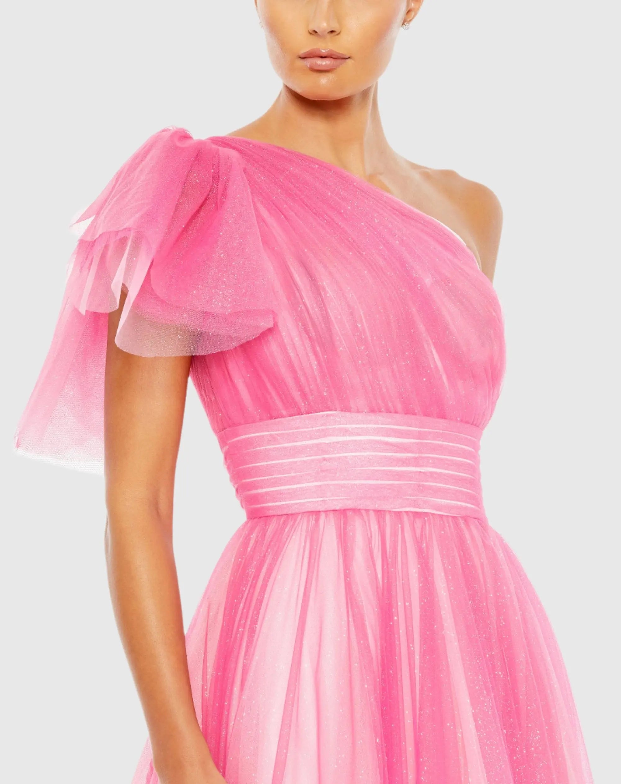 Pink Glitter Ombre Ruffled One Shoulder Ballgown - Mac Duggal