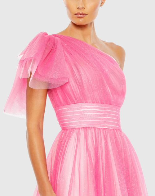 Pink Glitter Ombre Ruffled One Shoulder Ballgown