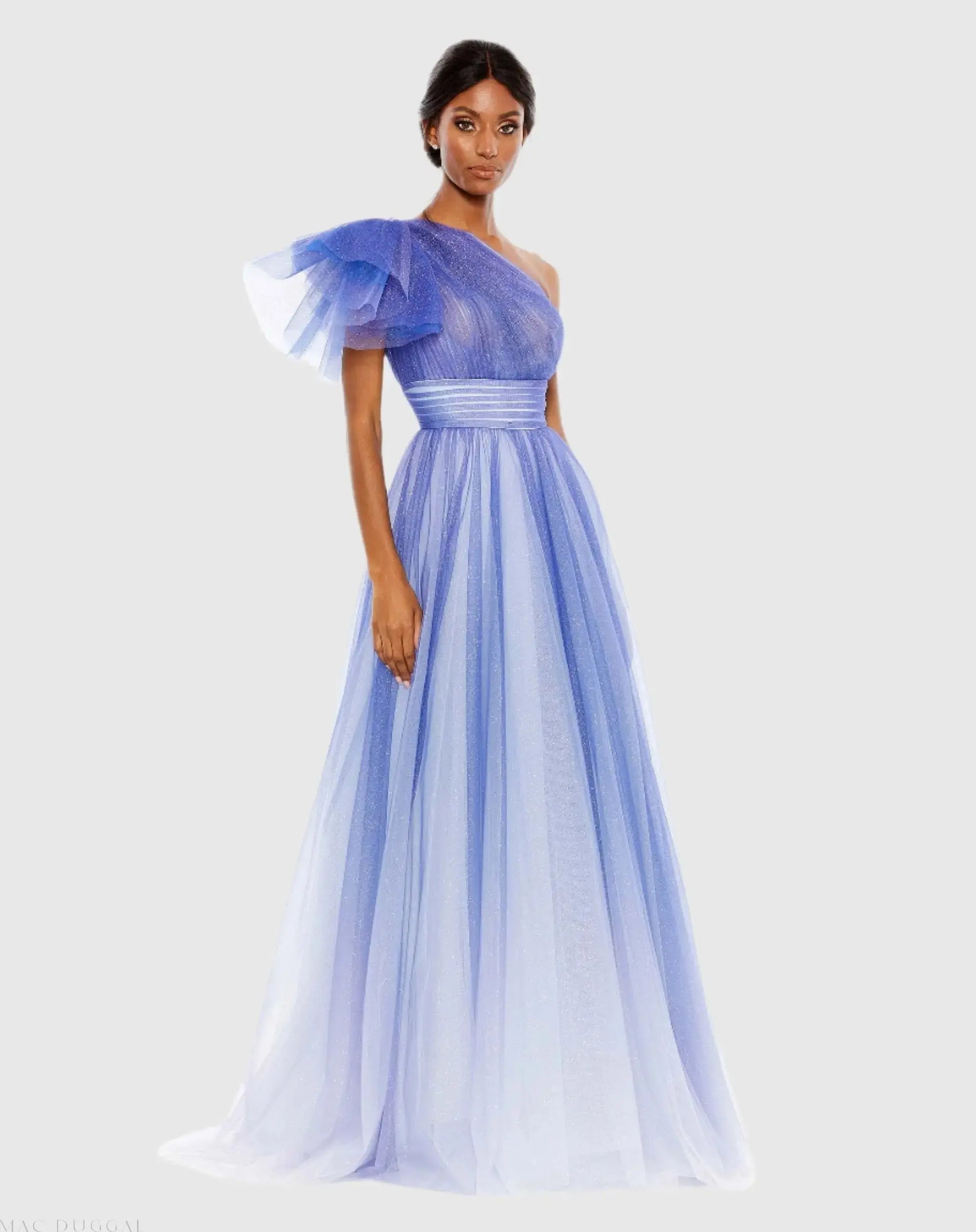 Glitter Ombre Ruffled One Shoulder Ballgown - Mac Duggal Glitter Ombre Ruffled One Shoulder Ballgown - Mac Duggal