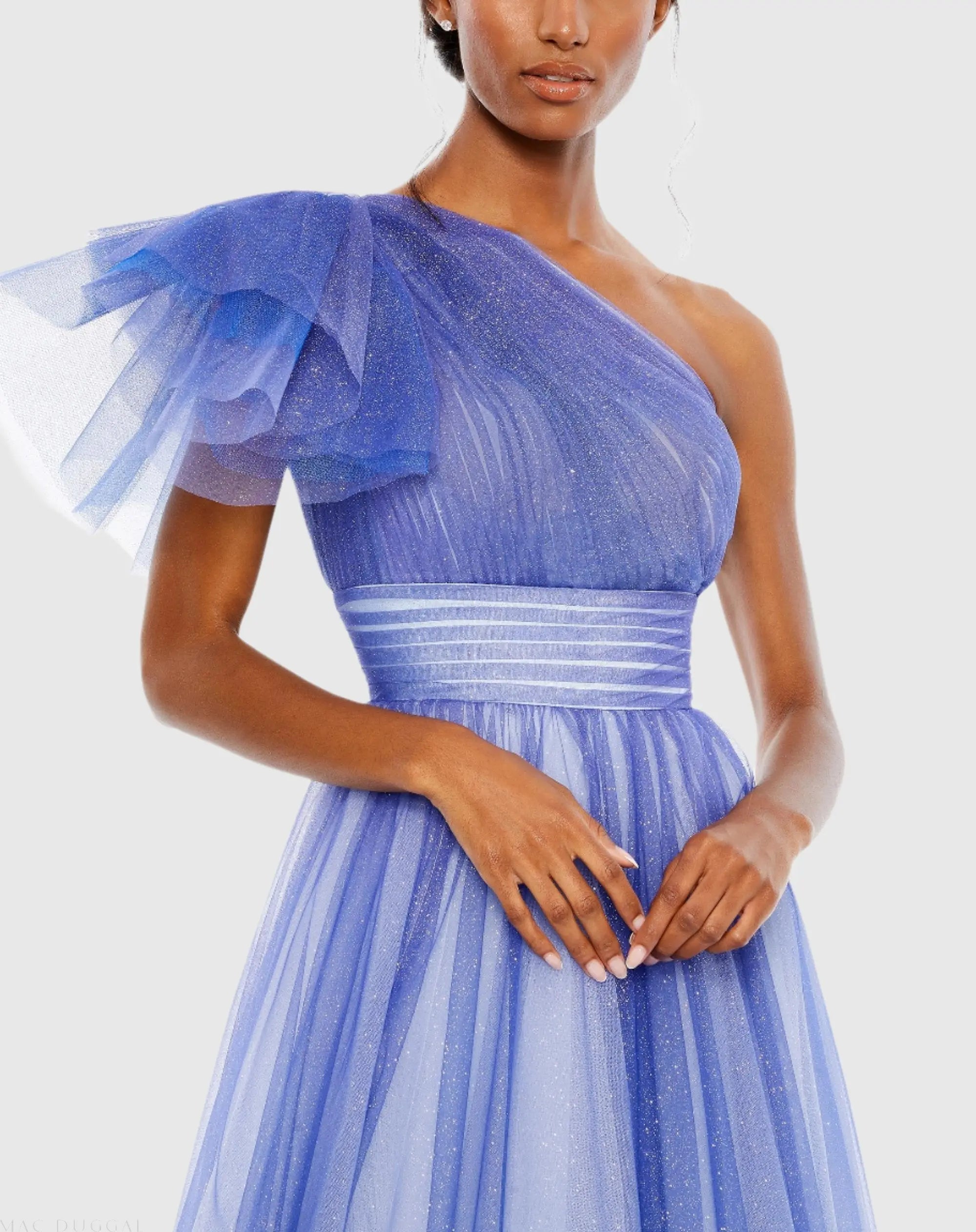 Blue Glitter Ombre Ruffled One Shoulder Ballgown - Mac Duggal