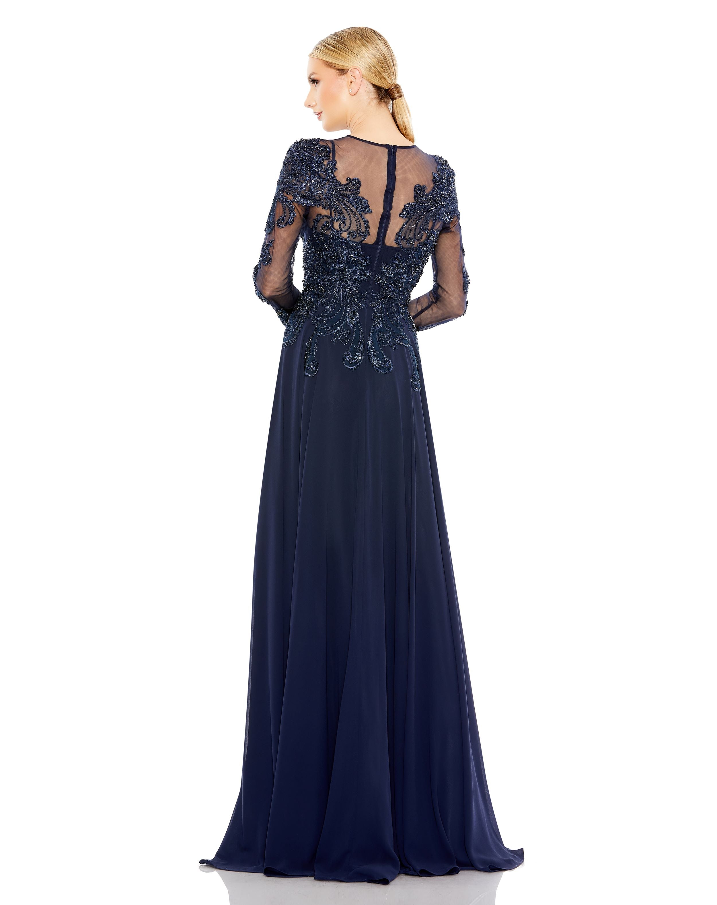 Beaded Applique Illusion High Neck Gown