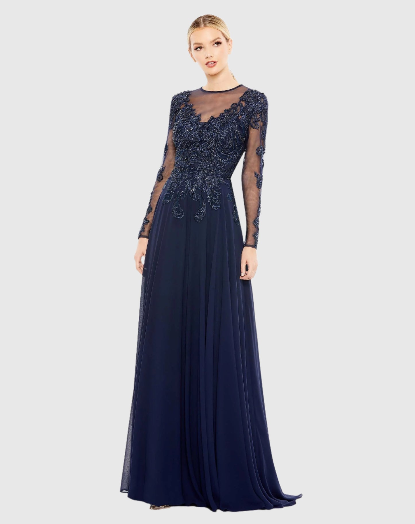 Beaded Applique Illusion High Neck Gown