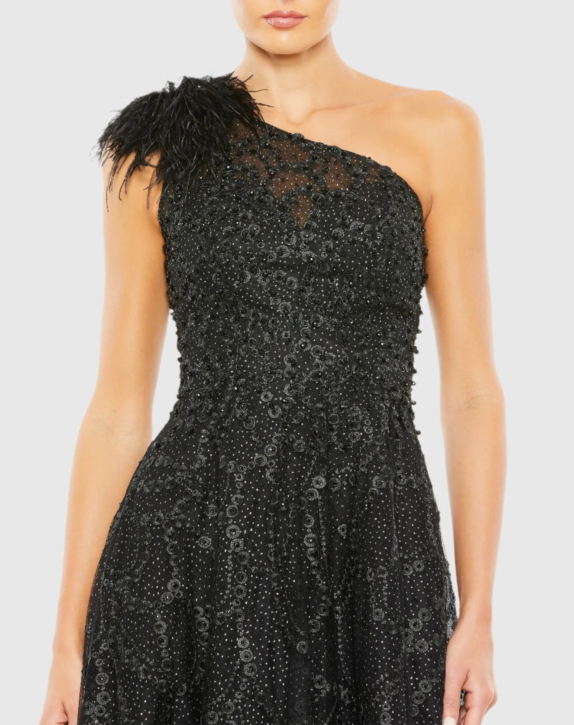 Black Embellished One Shoulder A Line Gown - Mac Duggal