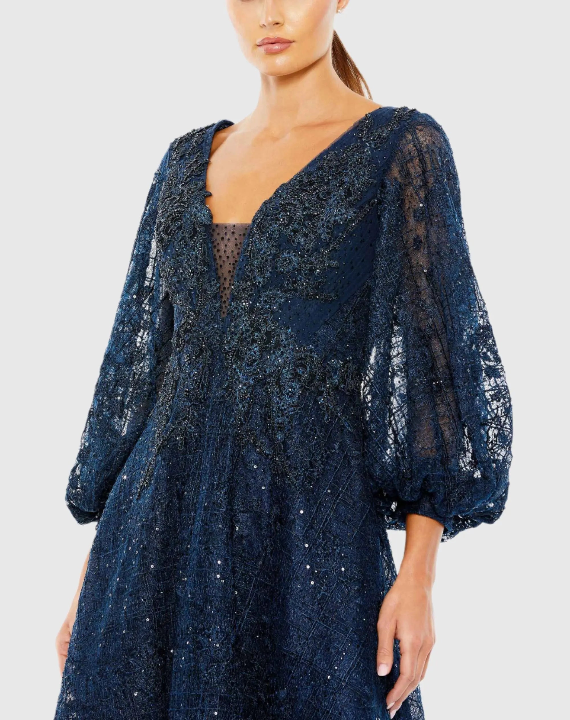 Blue Embellished Plunge Neck Bishop Sleeve Dress - Mac Duggal
