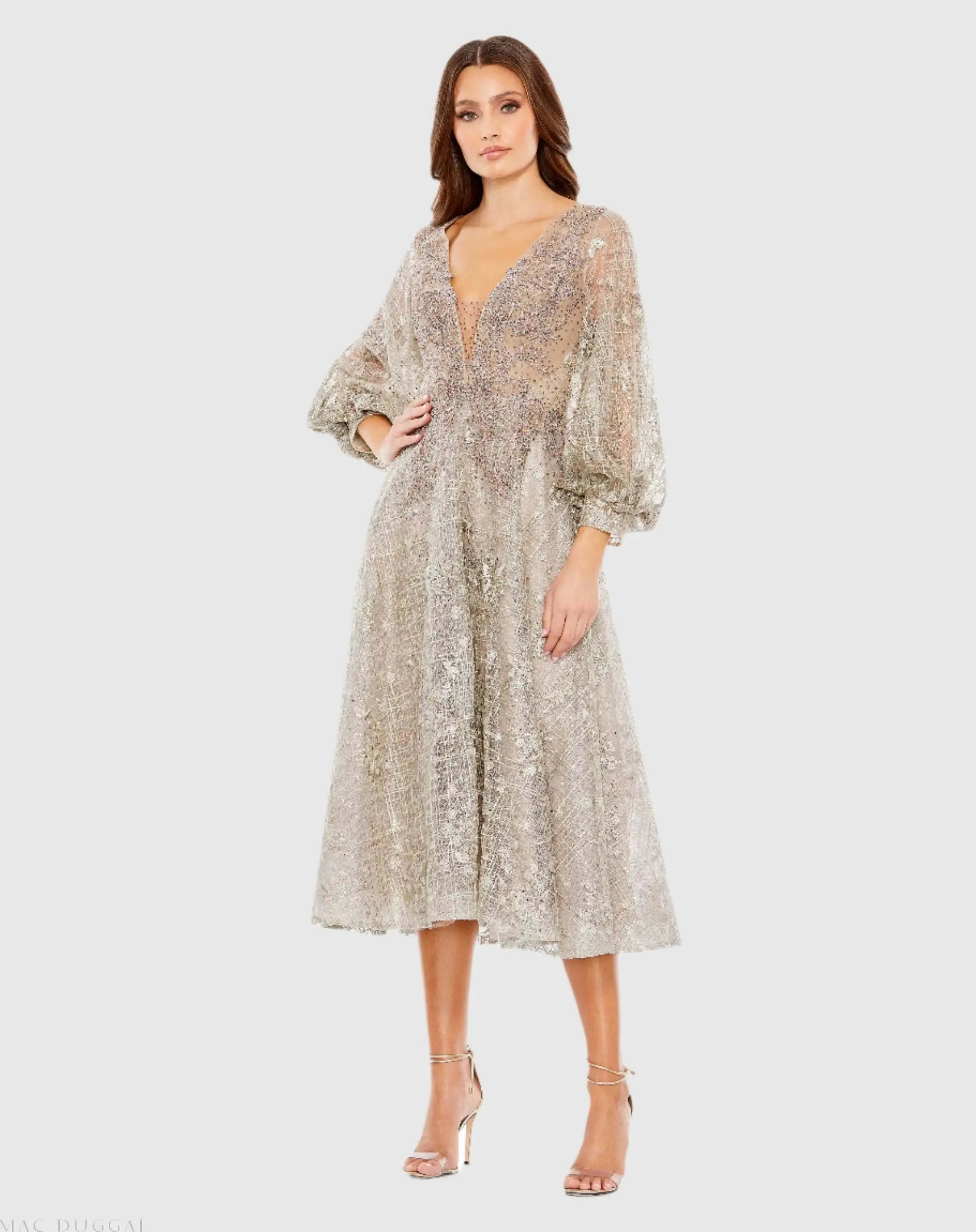 Embellished Plunge Neck Bishop Sleeve Dress - Mac Duggal