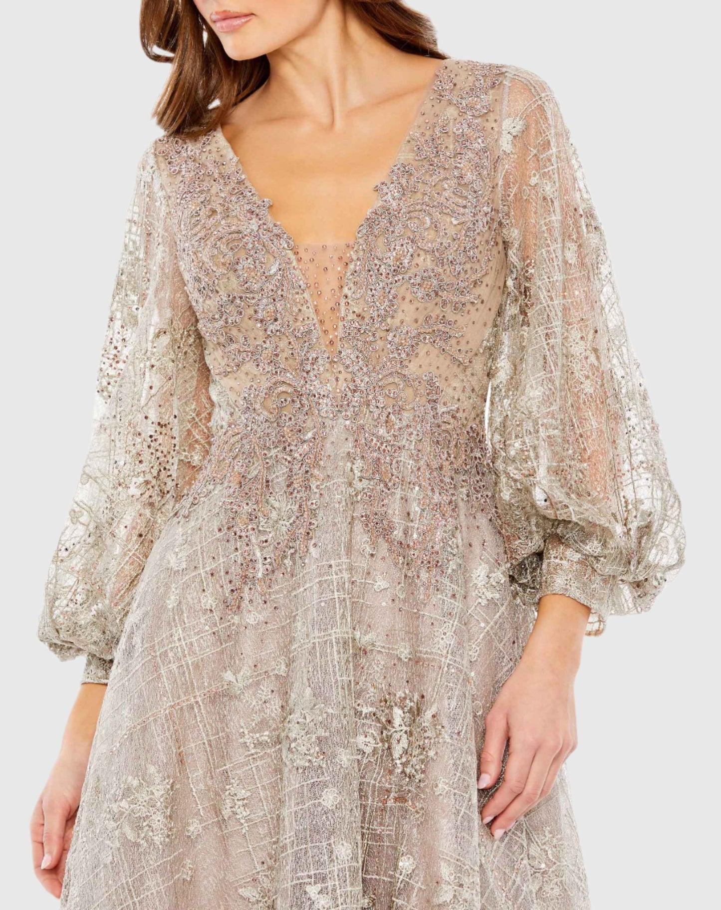 Embellished Plunge Neck Bishop Sleeve Dress