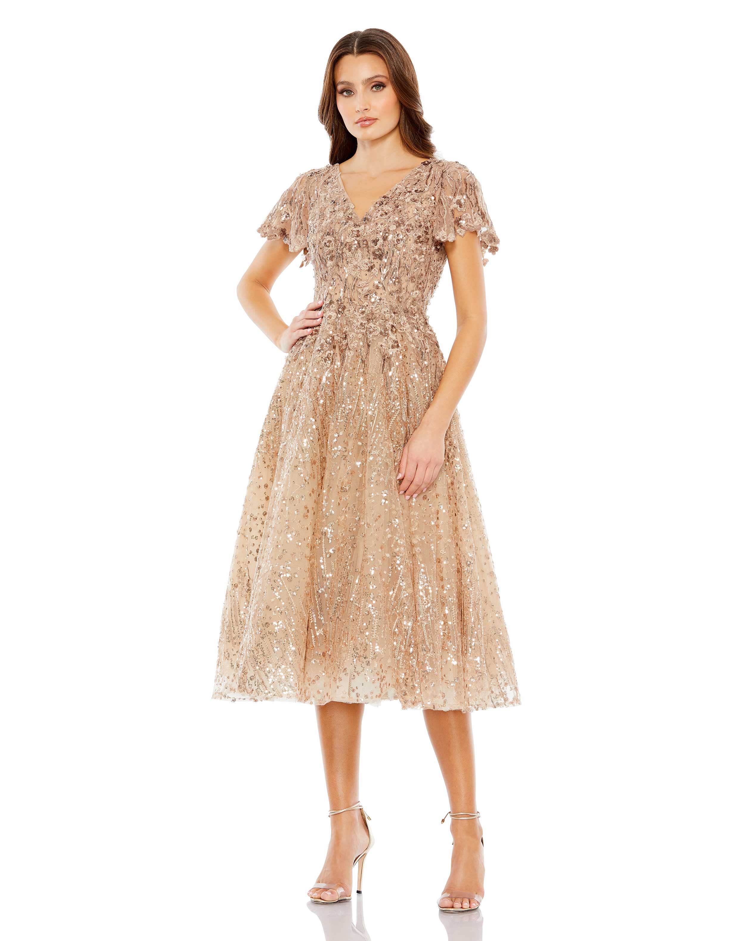 Embellished Butterfly Fit and Flare Tea-Length Dress