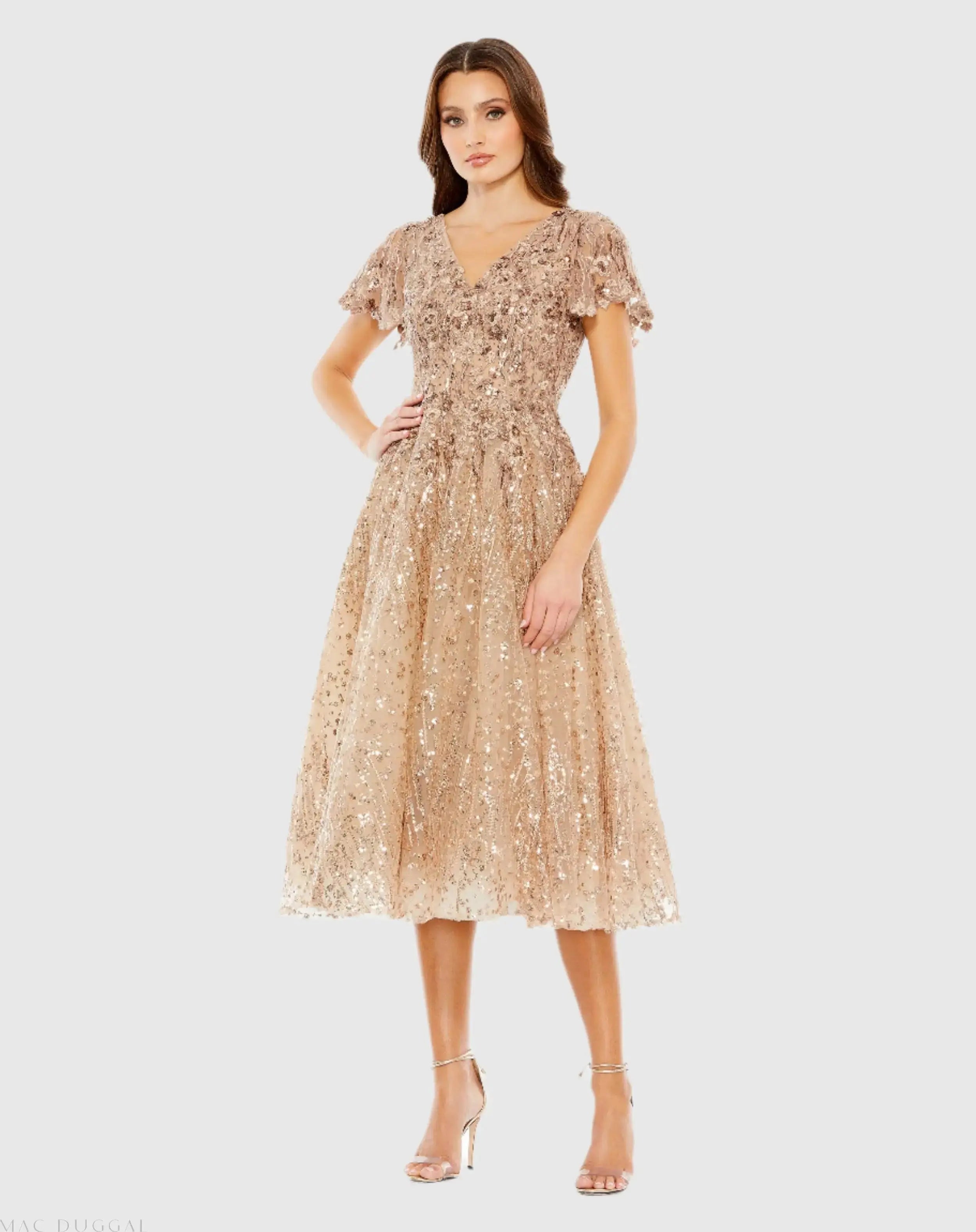 Beige Embellished Butterfly Fit and Flare Tea-Length Dress