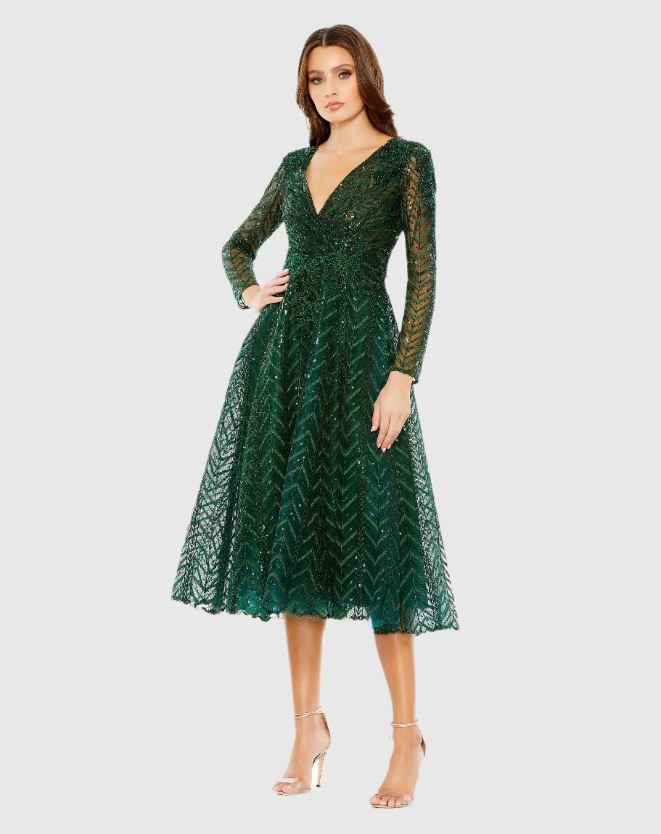 Green Embellished Long Sleeve Wrap Over Dress