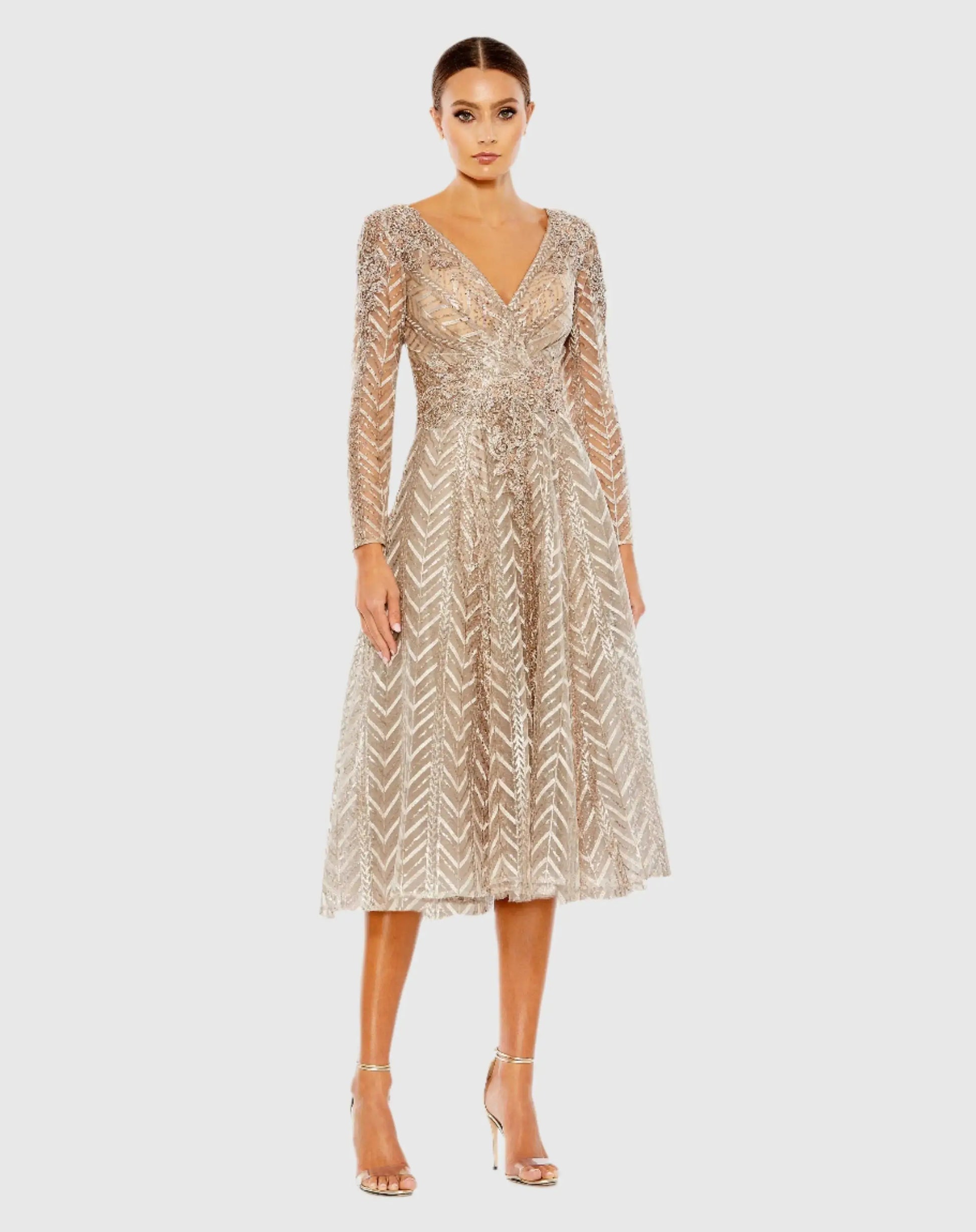 Beige Embellished Long Sleeve Wrap Over Dress Beige Embellished Long Sleeve Wrap Over Dress