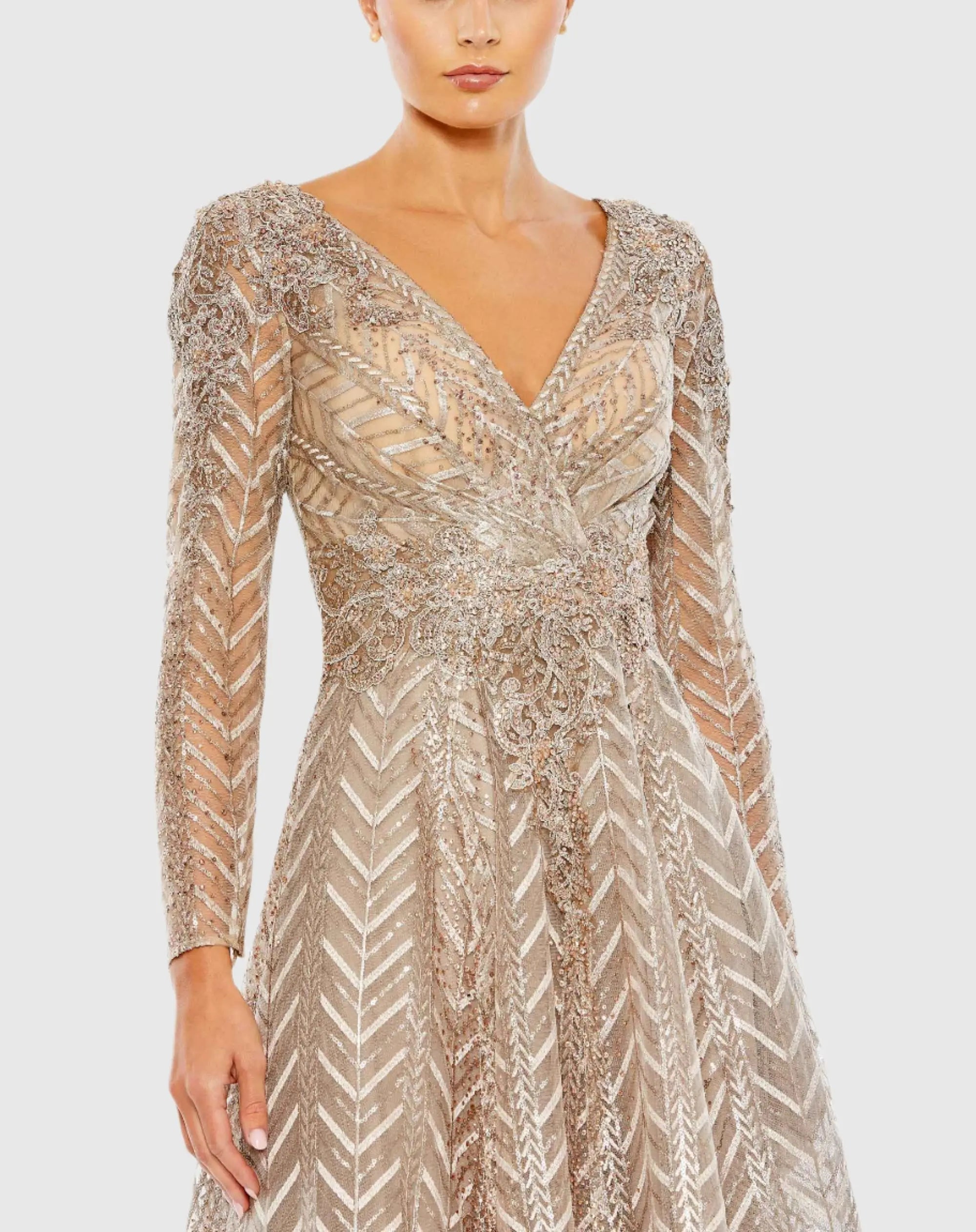 Beige Embellished Long Sleeve Wrap Over Dress - Mac Duggal