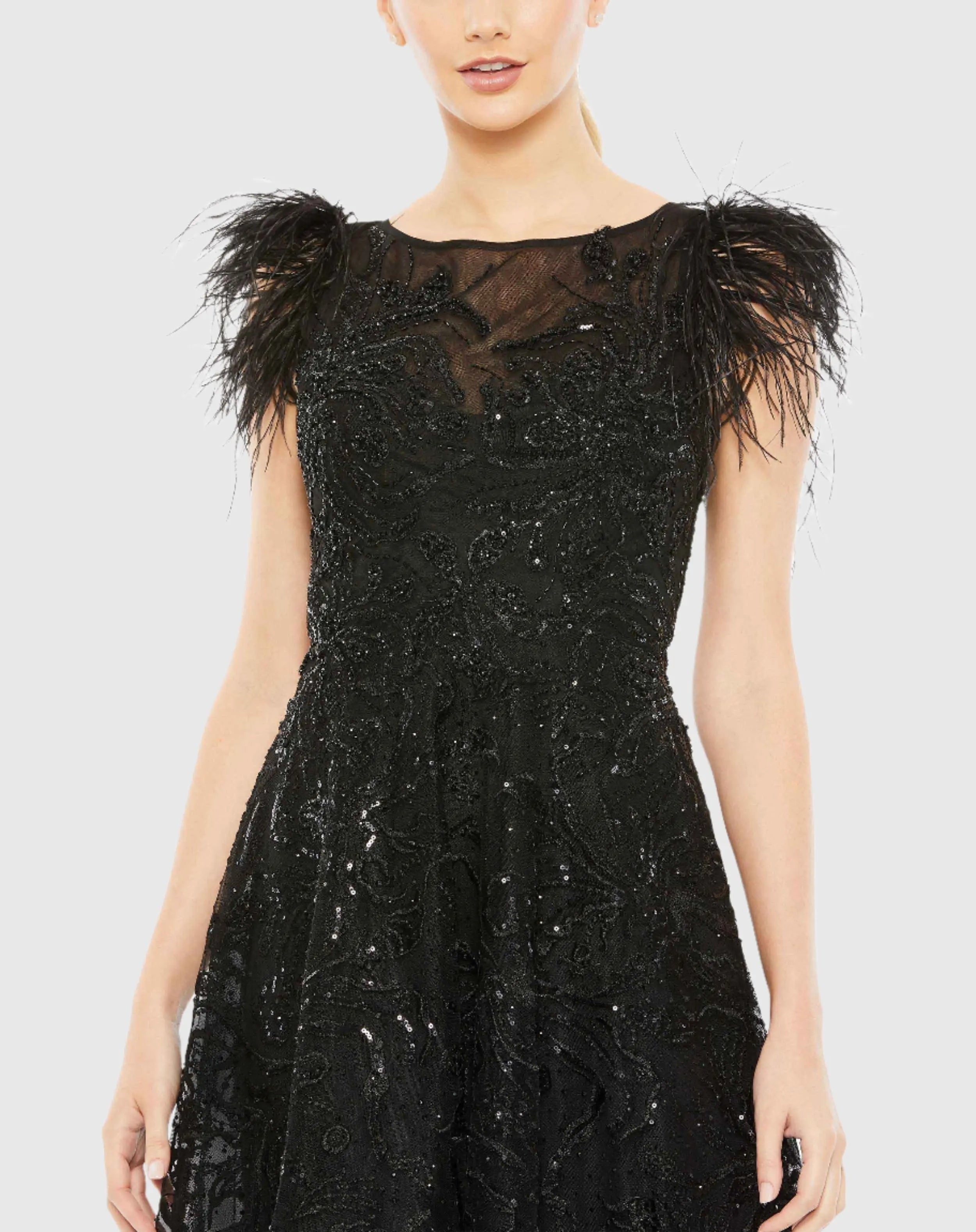 mac duggal short feather dress Mac Duggal Women's Feathered Hem High Neck Sleeveless A Line Dress - Black