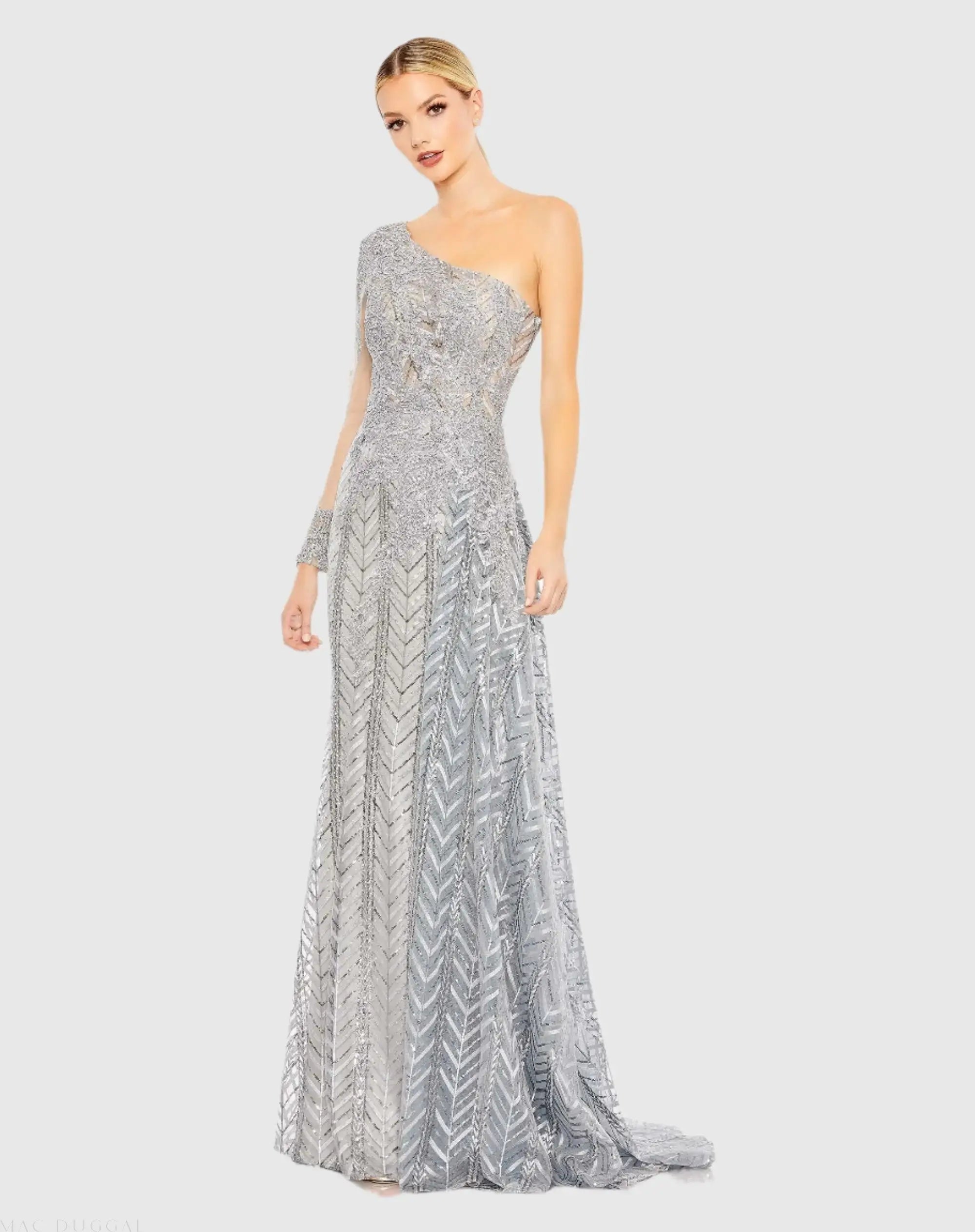 Silver Embellished One Shoulder A Line Gown - Mac Duggal