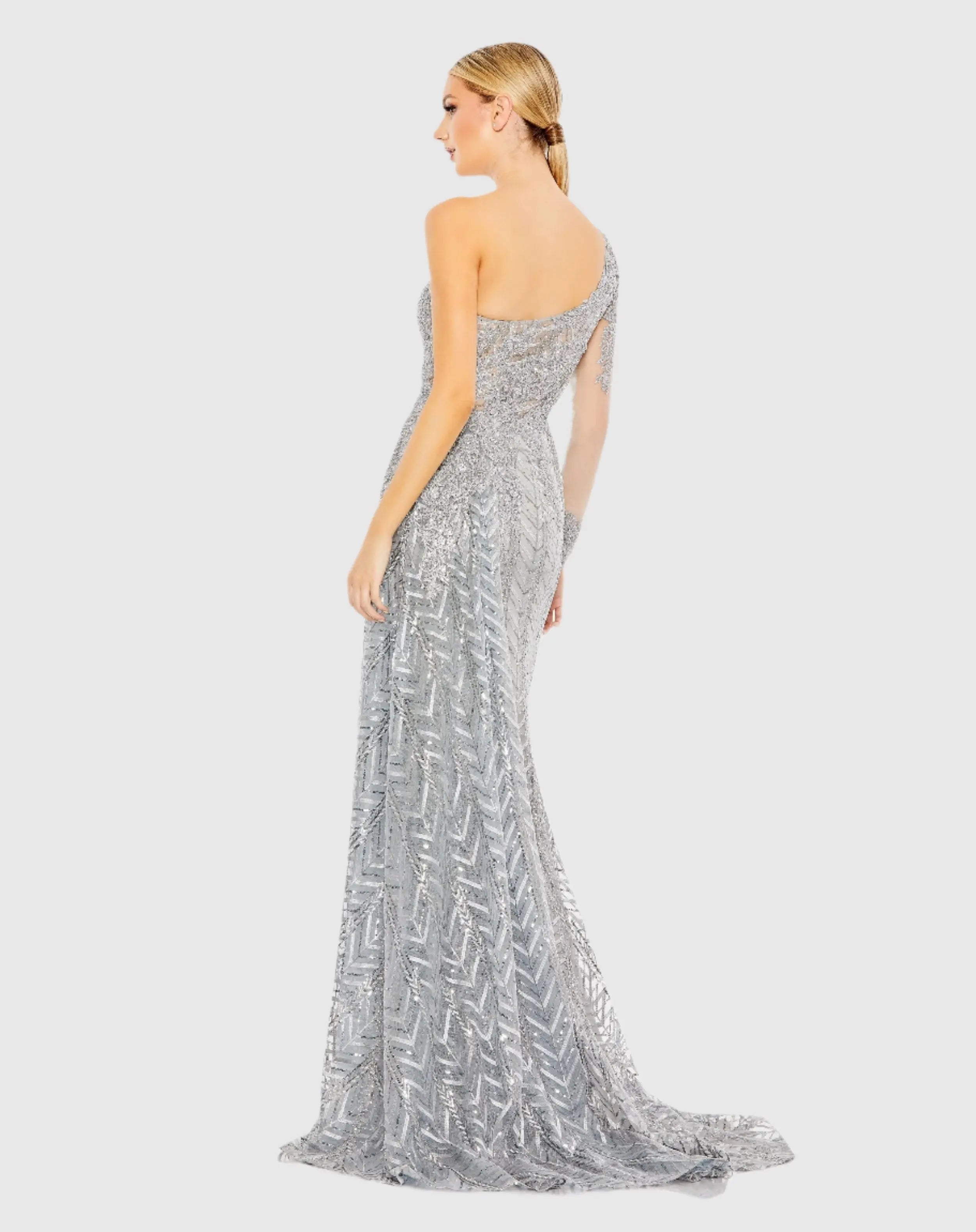 Silver Embellished One Shoulder A Line Gown - Mac Duggal