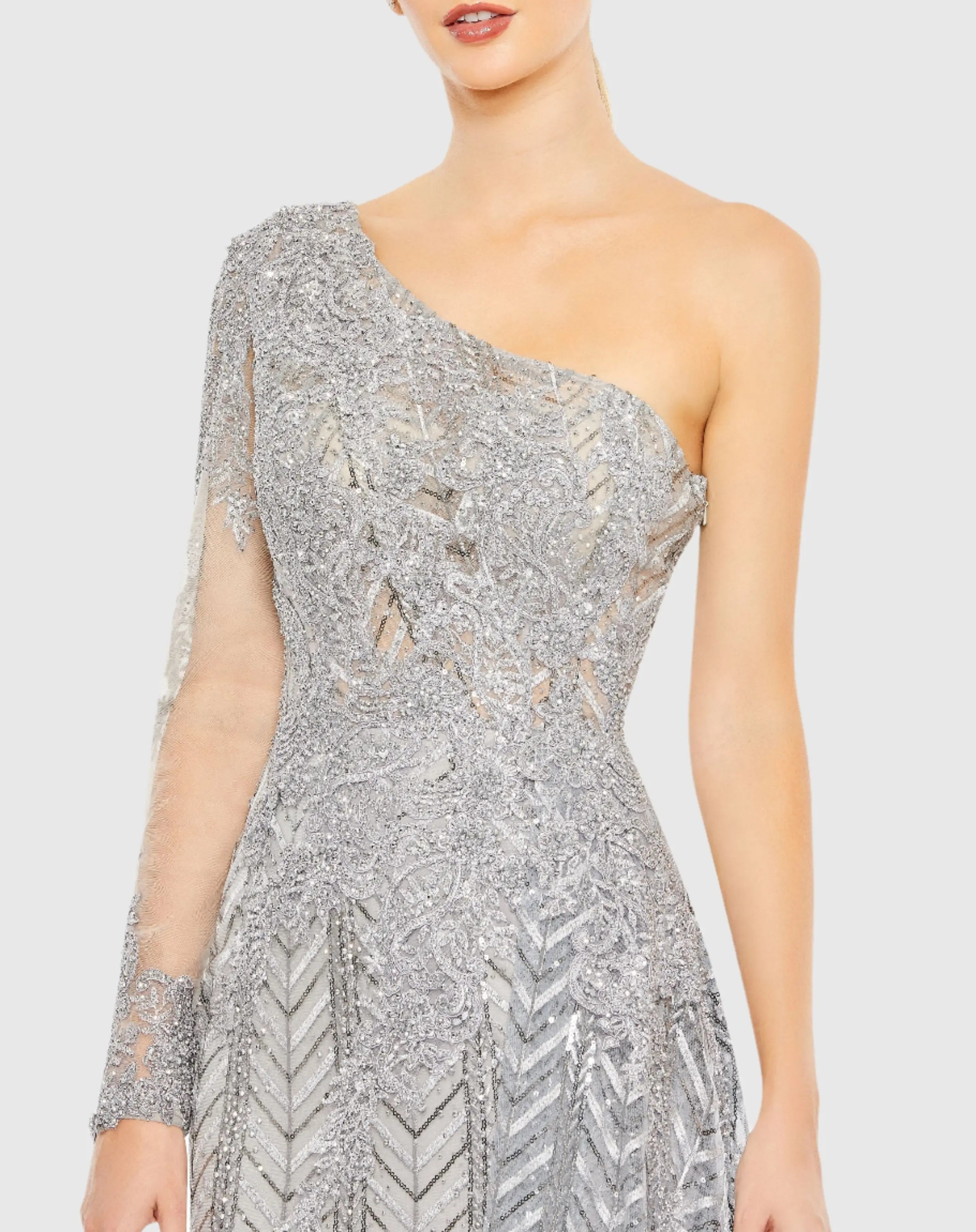 Silver Embellished One Shoulder A Line Gown - Mac Duggal