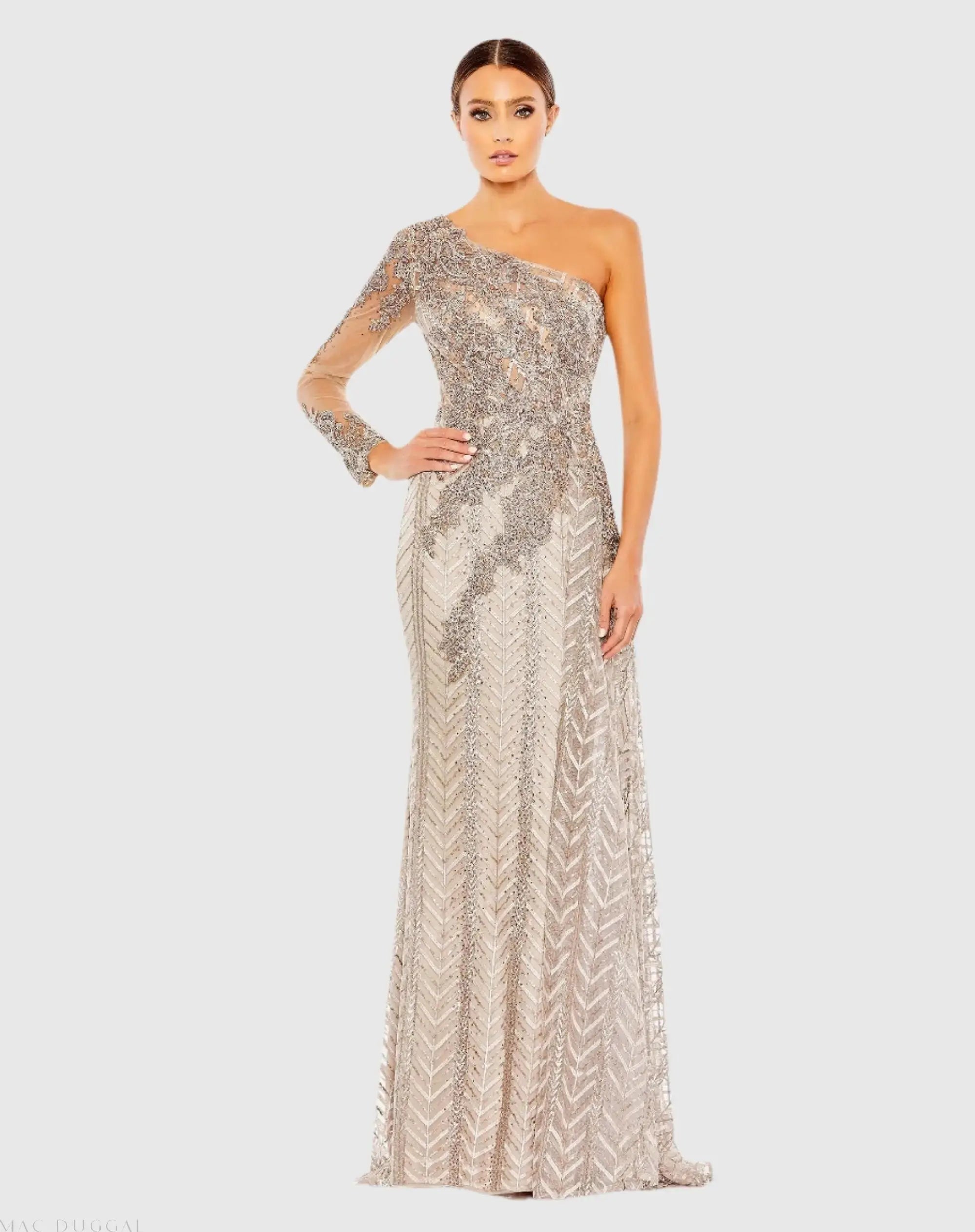 Beige Embellished One Shoulder A Line Gown - Mac Duggal