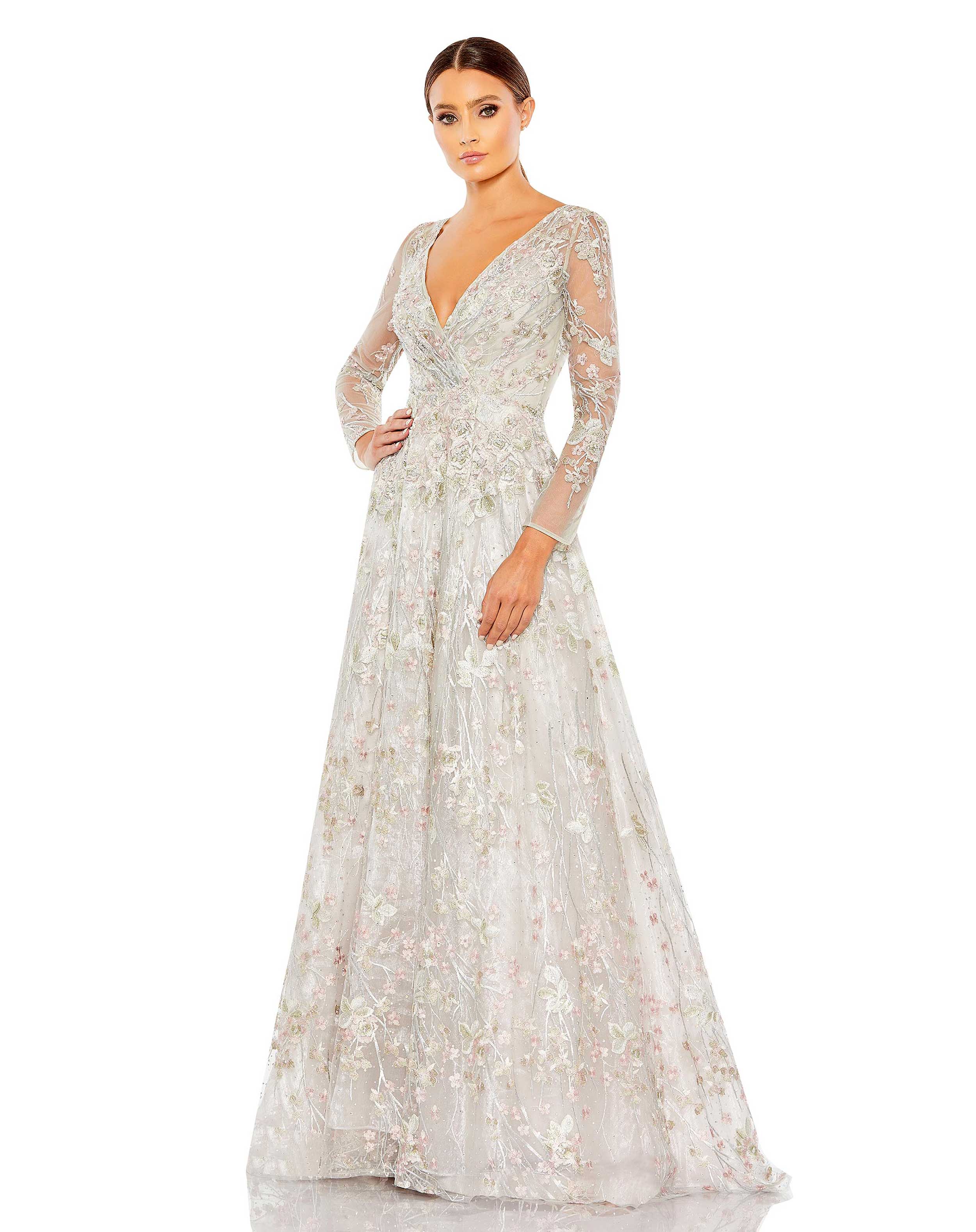 Embellished Wrap Over Illusion Long Sleeve A Line Gown