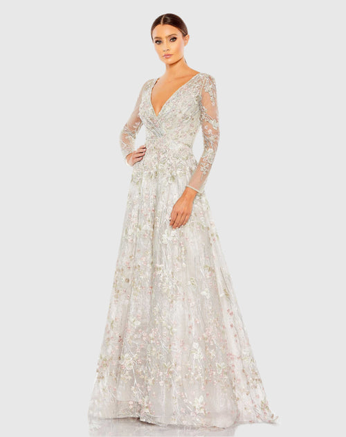 Embroidered Lace Wrap Over Illusion Long Sleeve A Line Gown