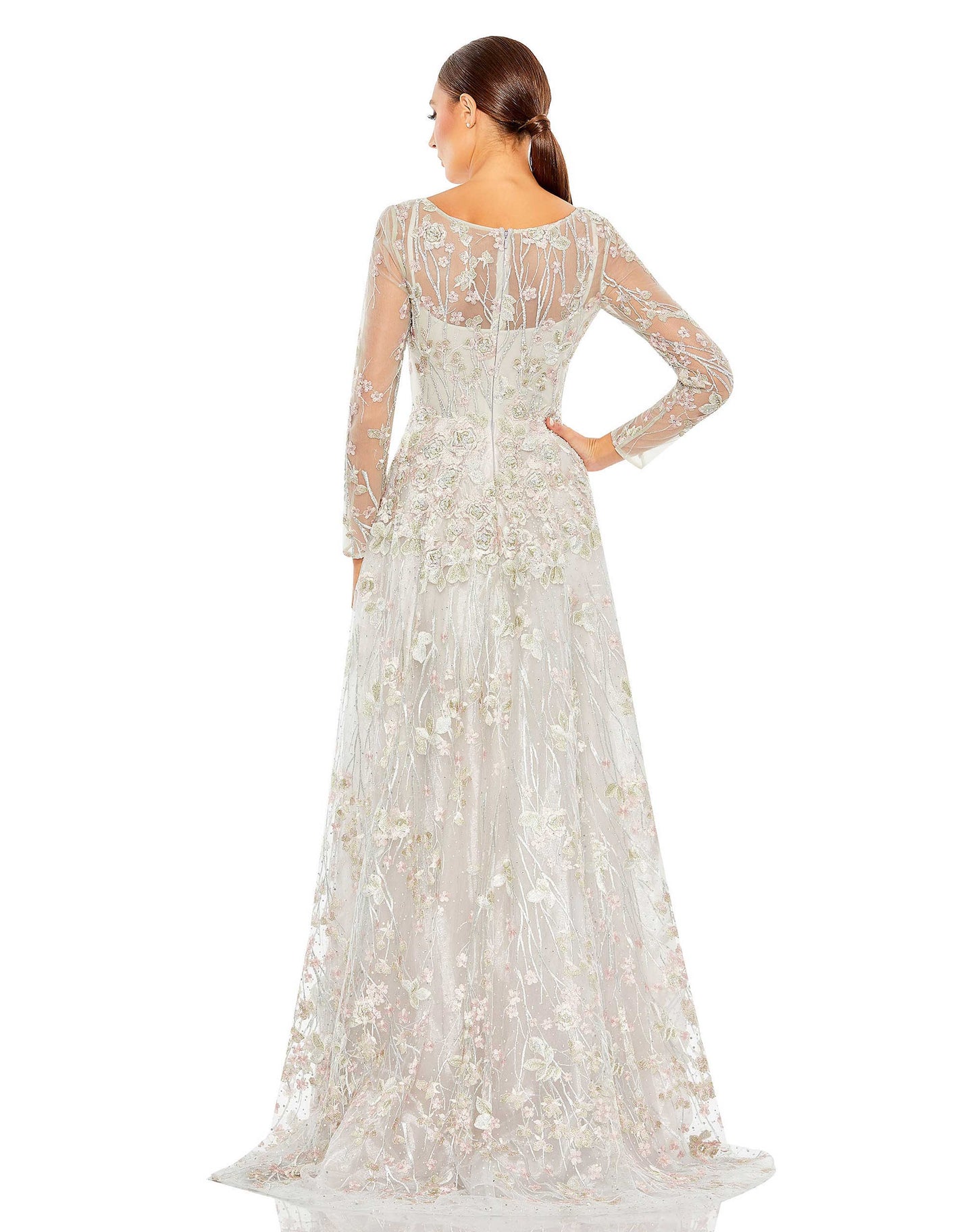 Embroidered Lace Wrap Over Illusion Long Sleeve A Line Gown