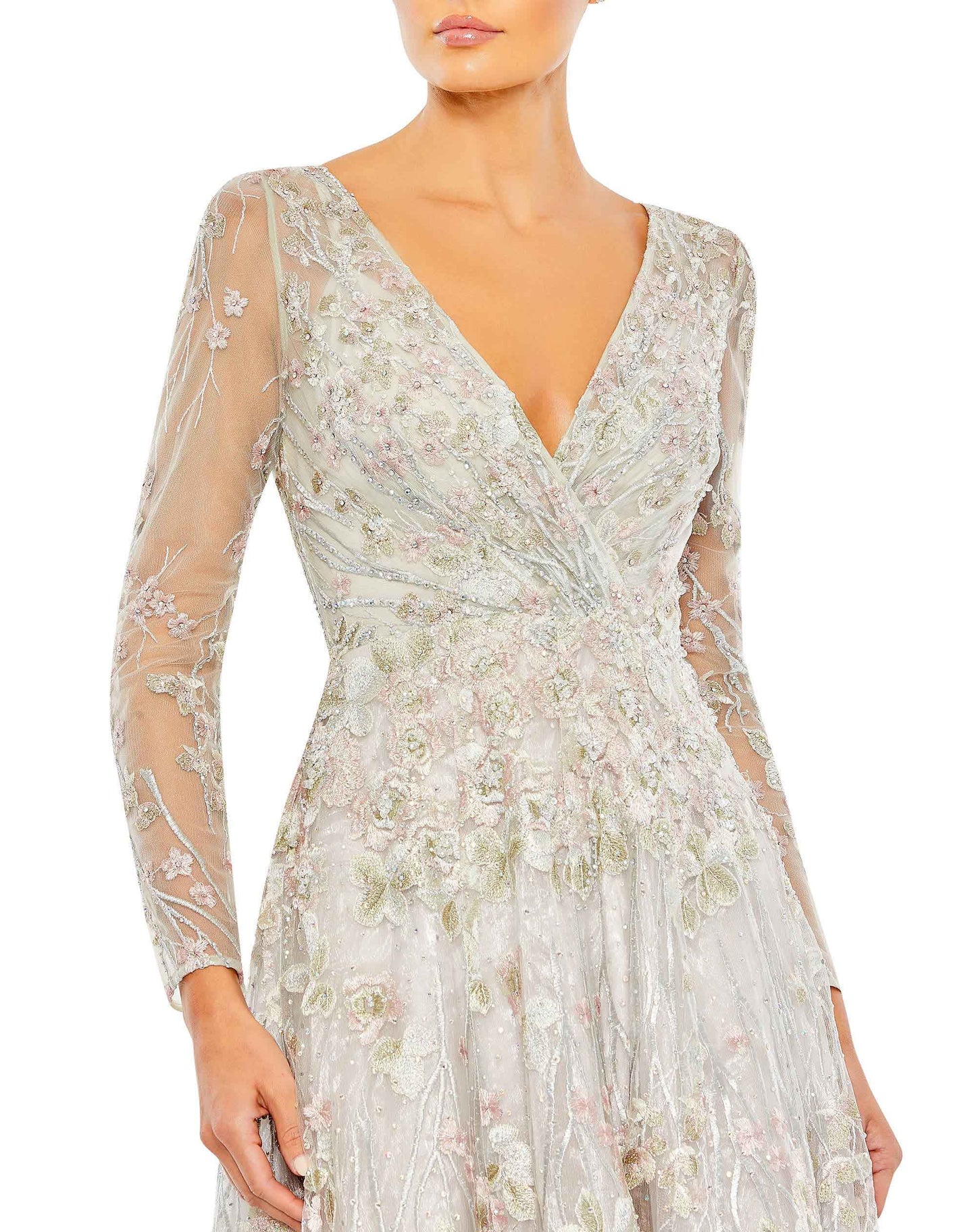 Embroidered Lace Wrap Over Illusion Long Sleeve A Line Gown