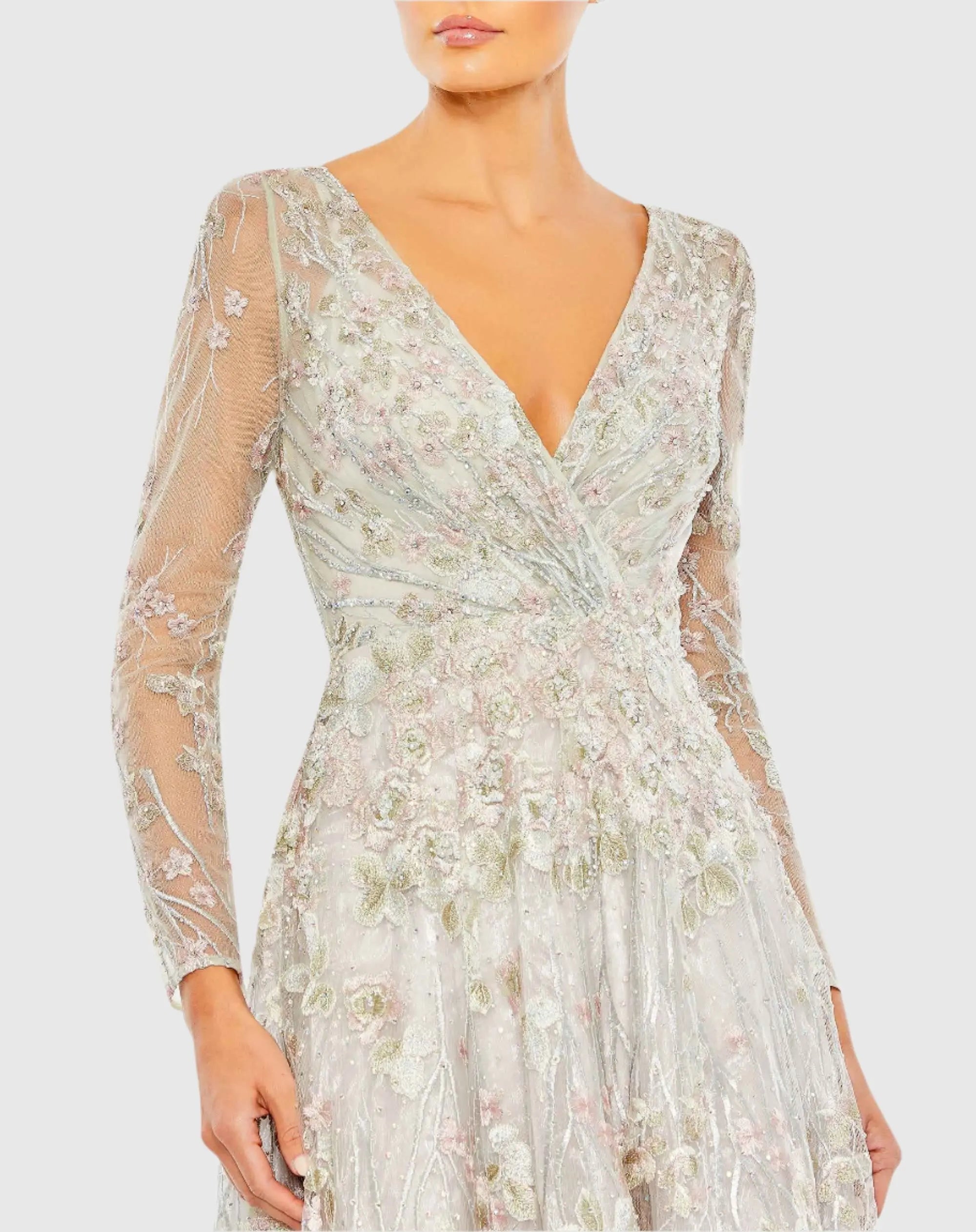 White Embroidered Lace Wrap Over Illusion Long Sleeve A Line Gown - Mac Duggal