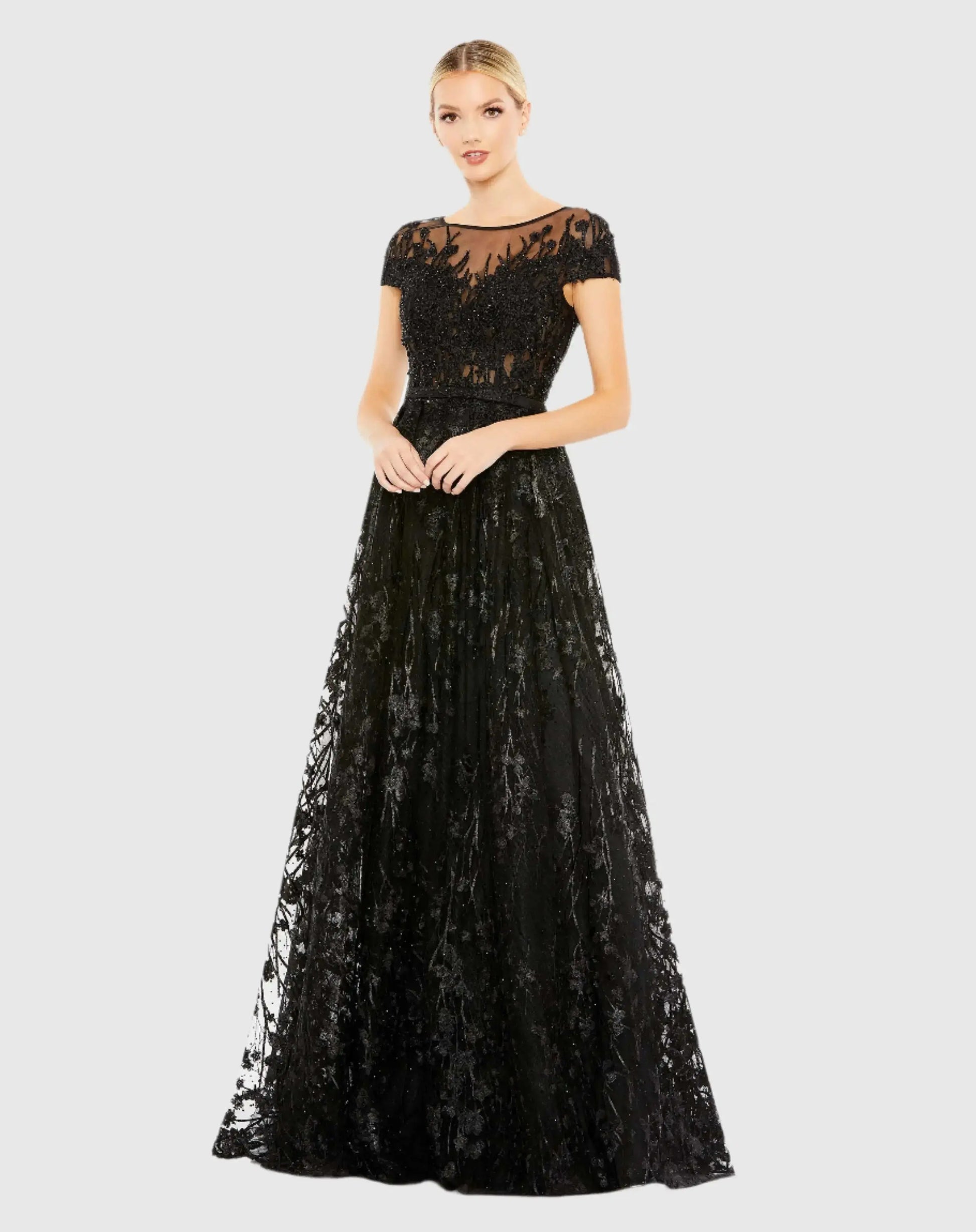 Black Embellished Floral Cap Sleeve A Line Gown - Mac Duggal Black Embellished Floral Cap Sleeve A Line Gown - Mac Duggal