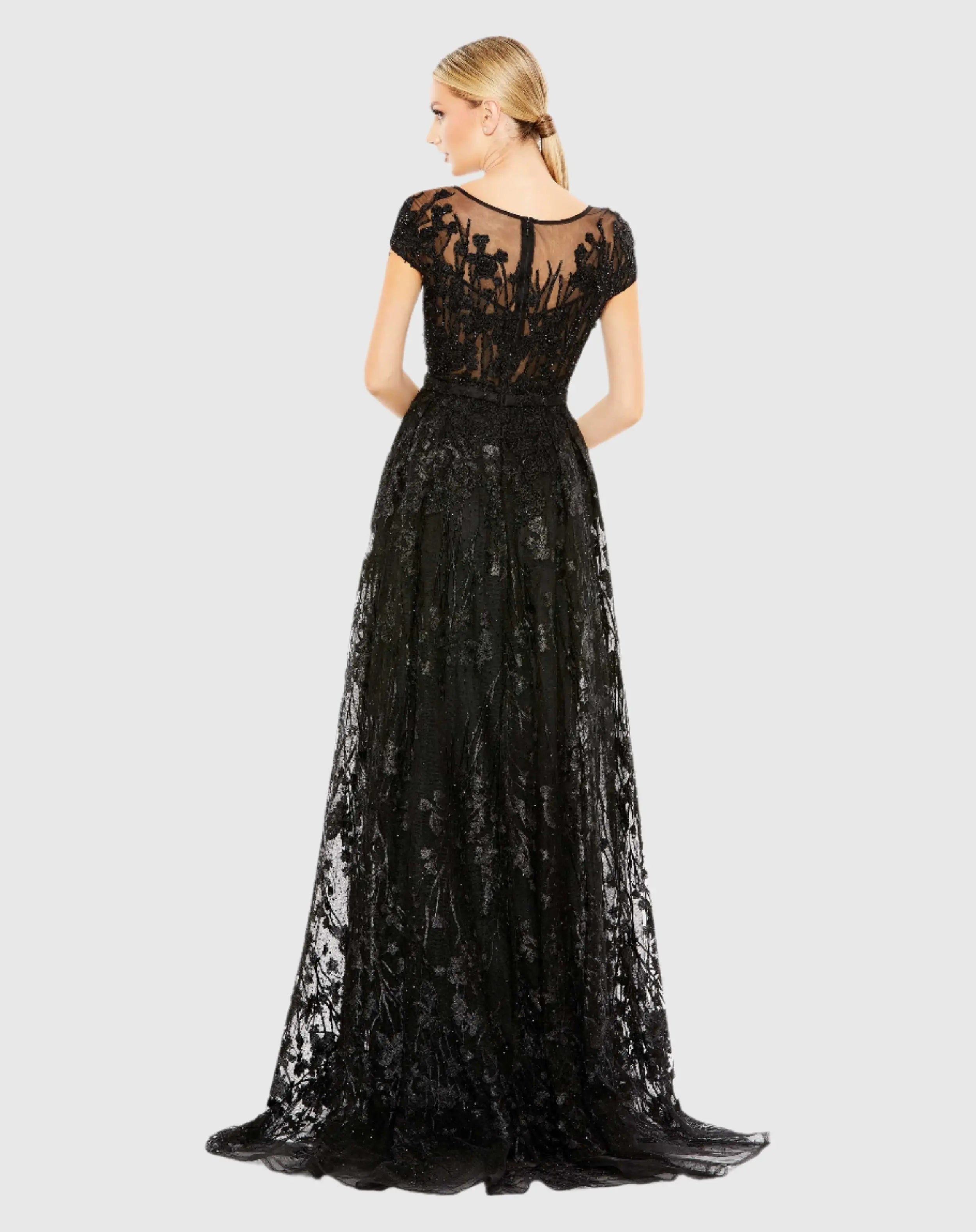 Black Embellished Floral Cap Sleeve A Line Gown - Mac Duggal