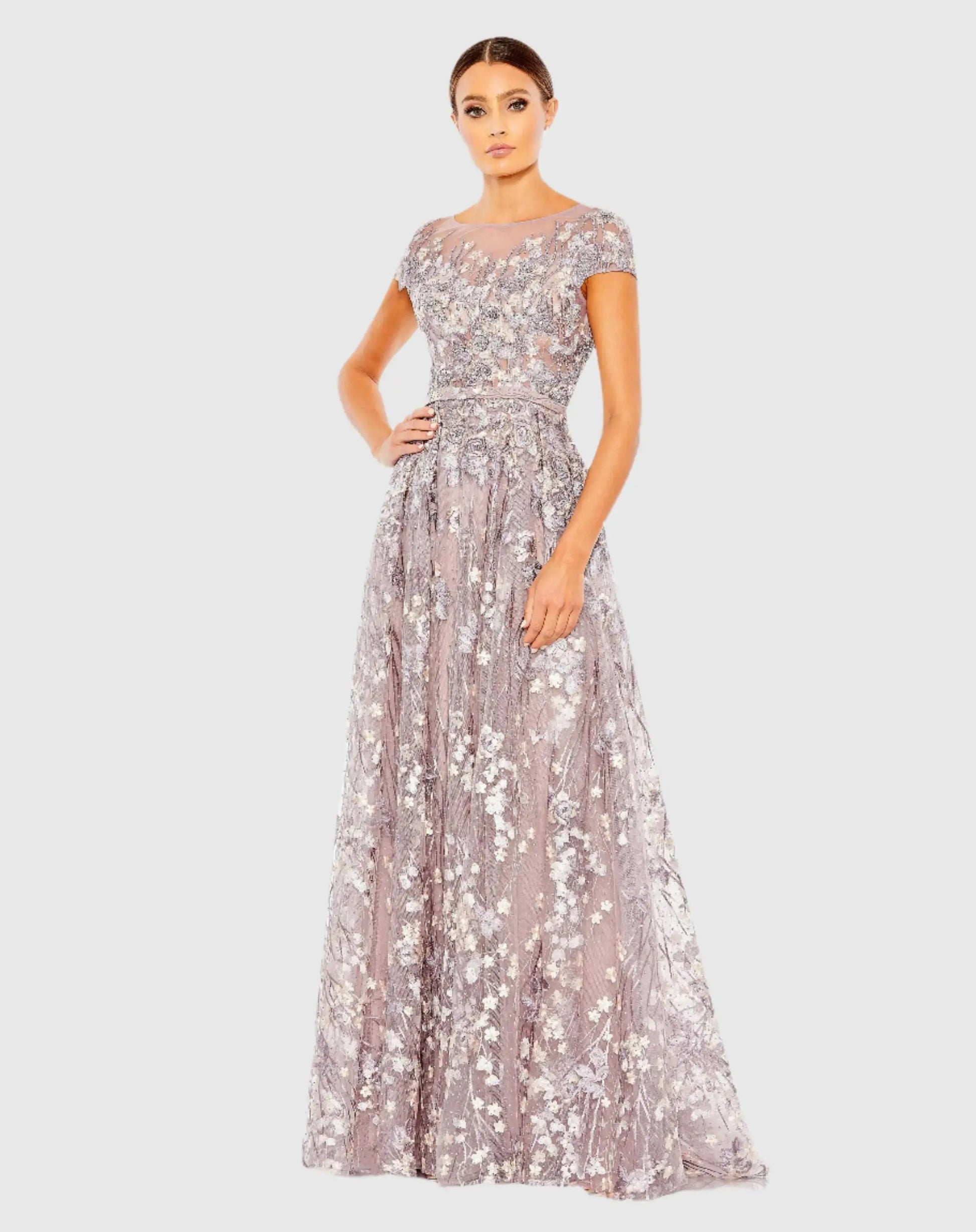 mac duggal ieena cap sleeve floral a-line dress Pink Floral Embroidered Cap Sleeve Evening Gown