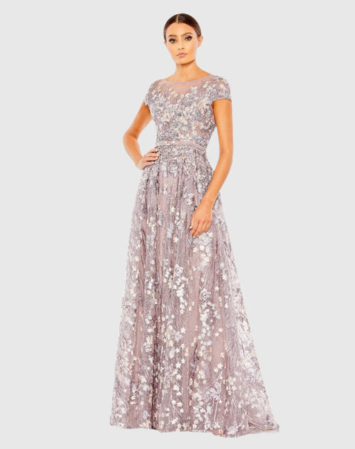 Embellished Floral Cap Sleeve A Line Gown