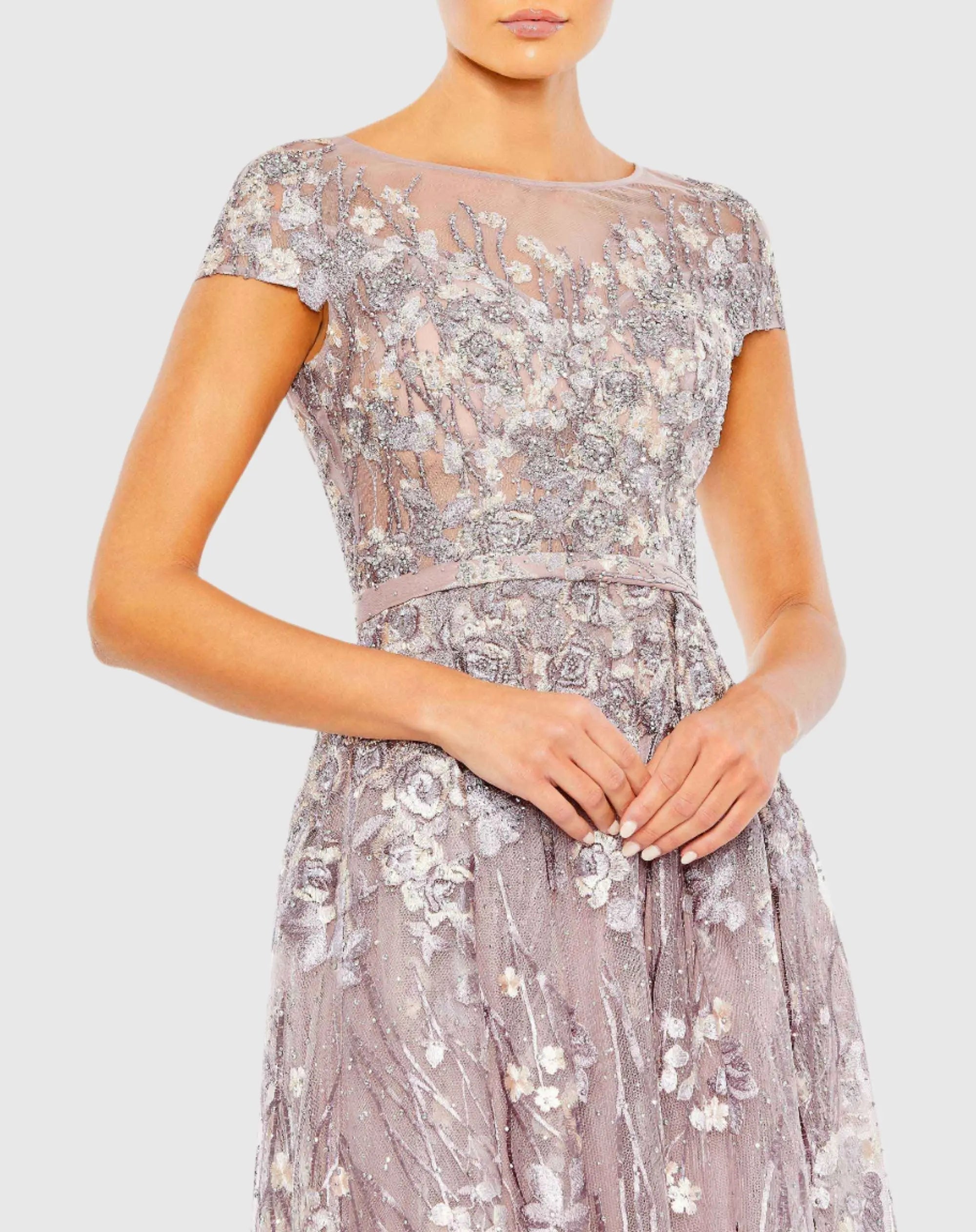 Light Purple Embellished Floral Cap Sleeve A Line Gown - Mac Duggal