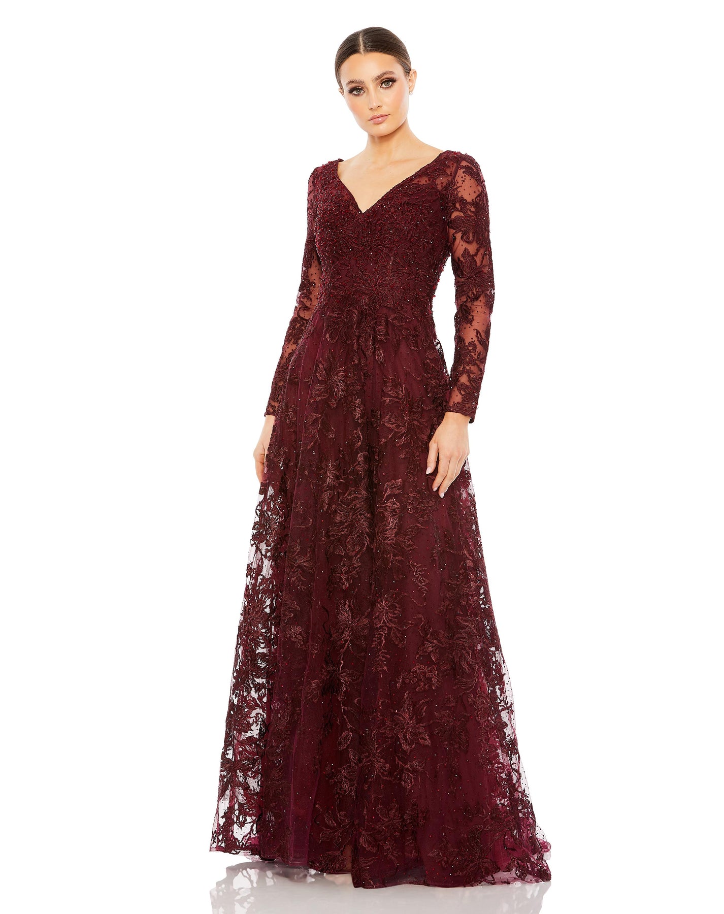 Embellished Illusion Long Sleeve V Neck Gown – Mac Duggal
