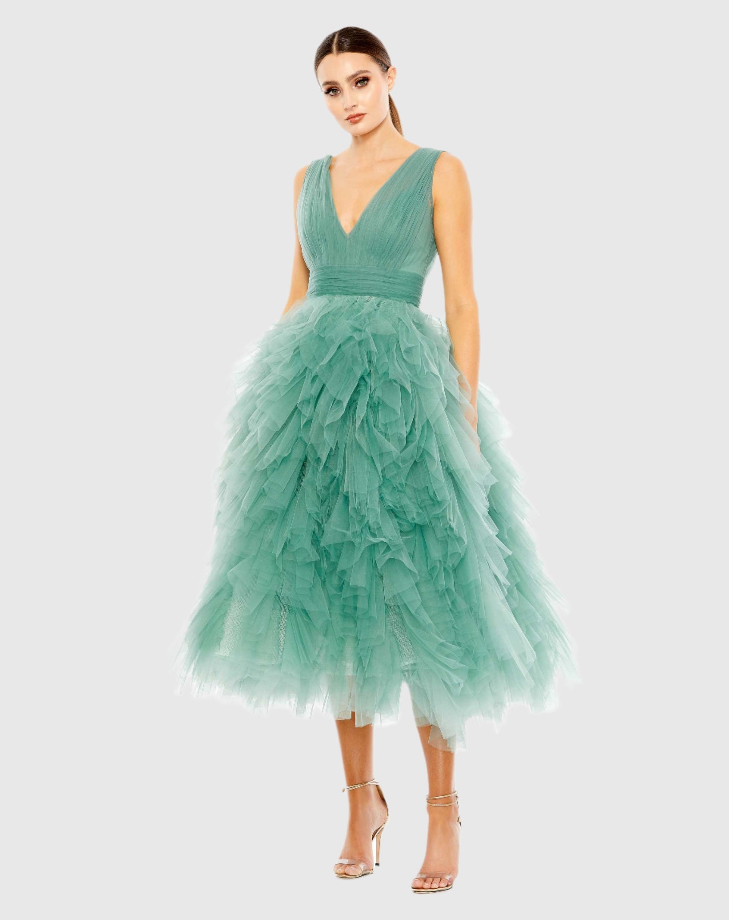 Ruffled Cap Sleeve V-Neck A Line Tulle Dress