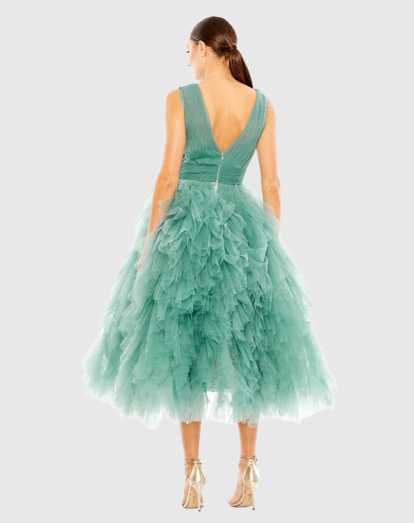 Ruffled Cap Sleeve V-Neck A Line Tulle Dress