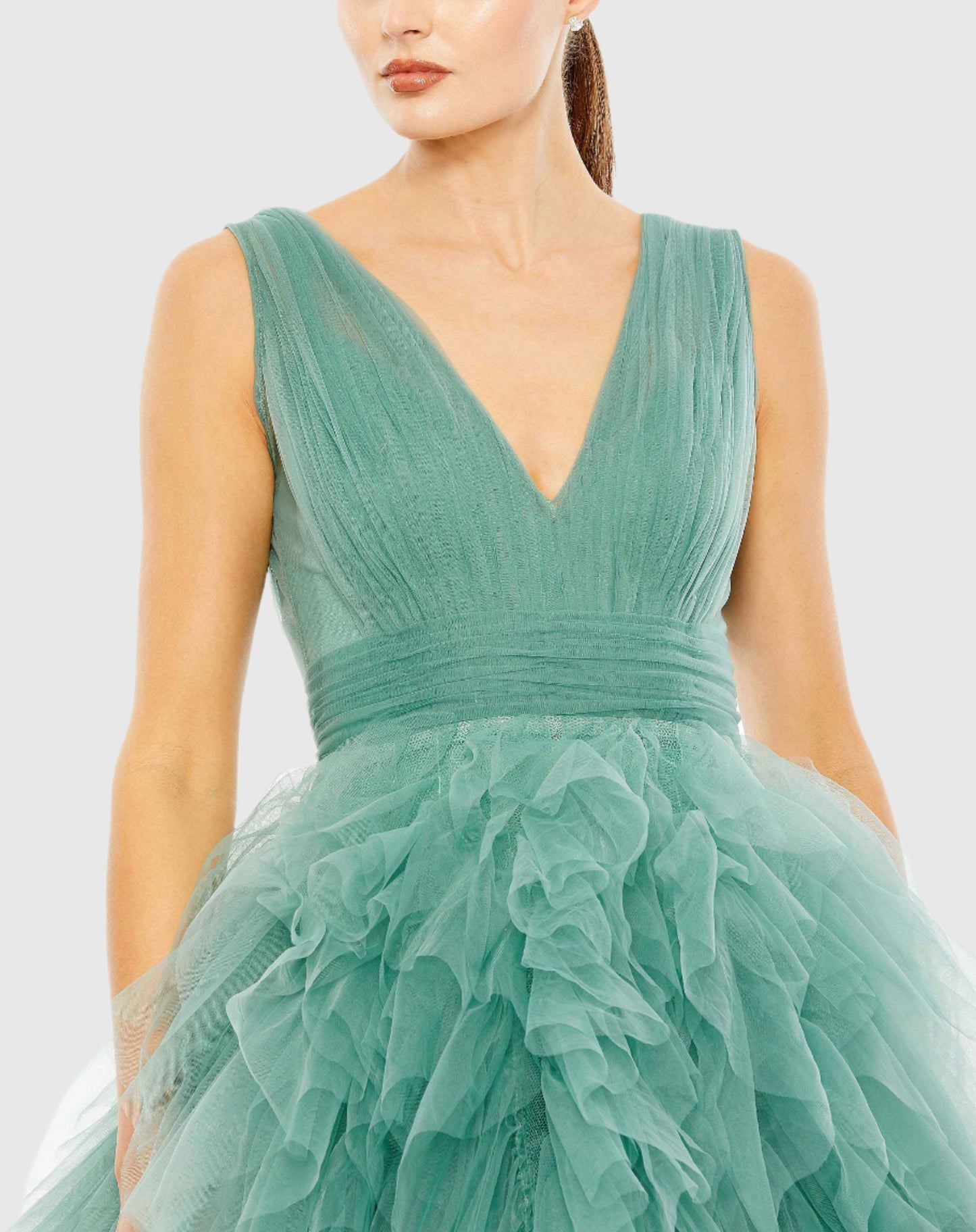 Ruffled Cap Sleeve V-Neck A Line Tulle Dress