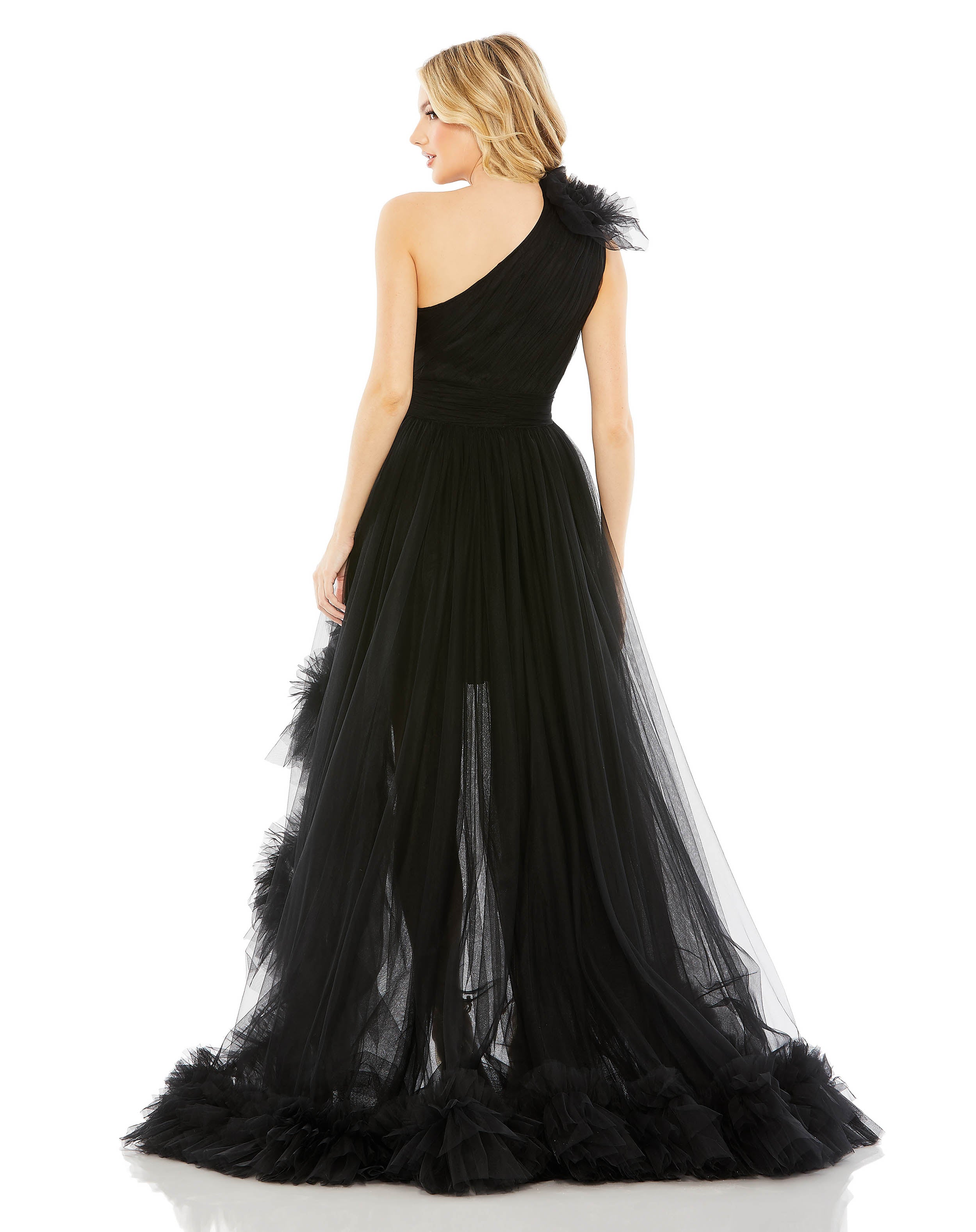 Ruffled One Shoulder High Low Tulle Gown