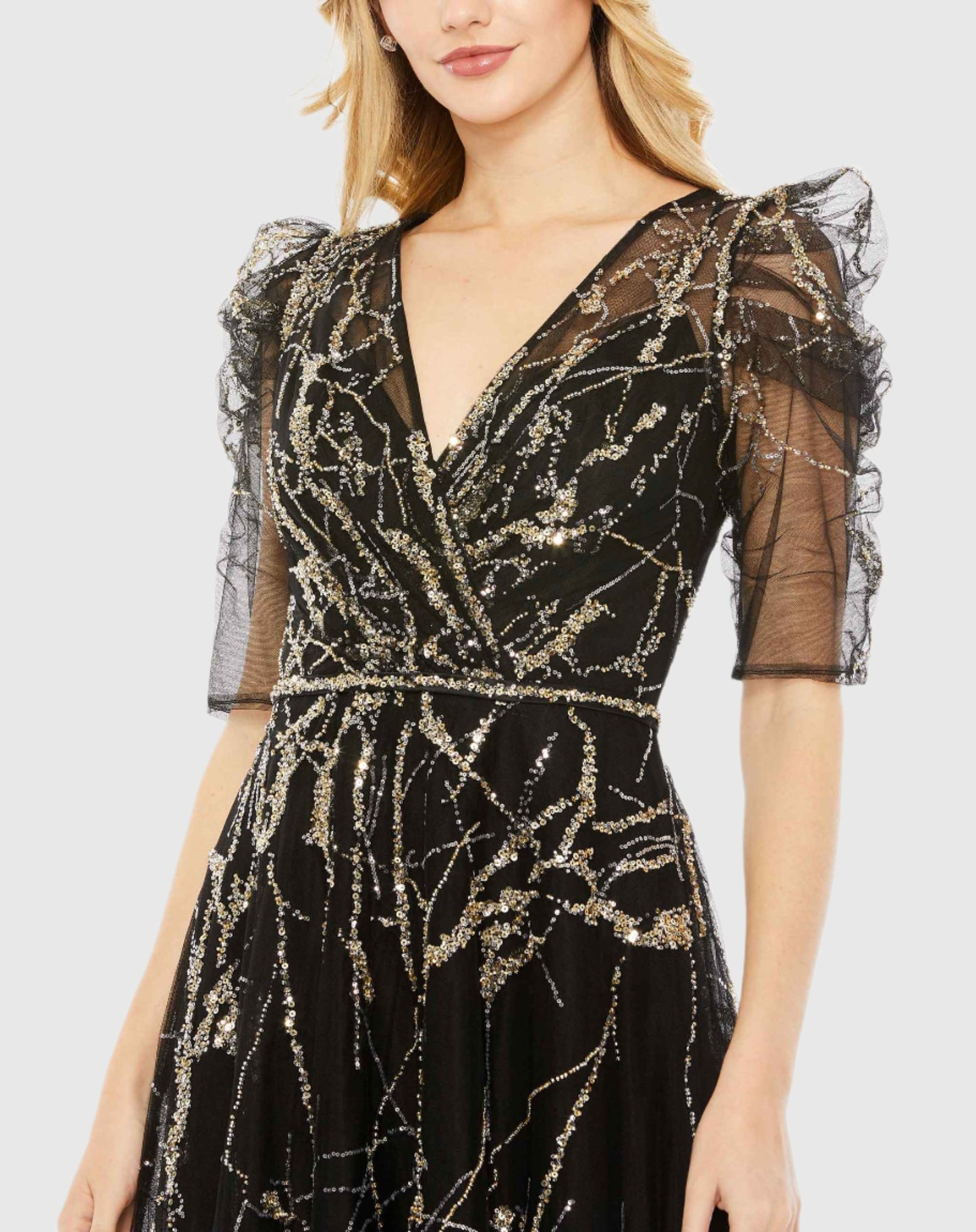 Embellished Gathered Puff Sleeve Faux Wrap Gown