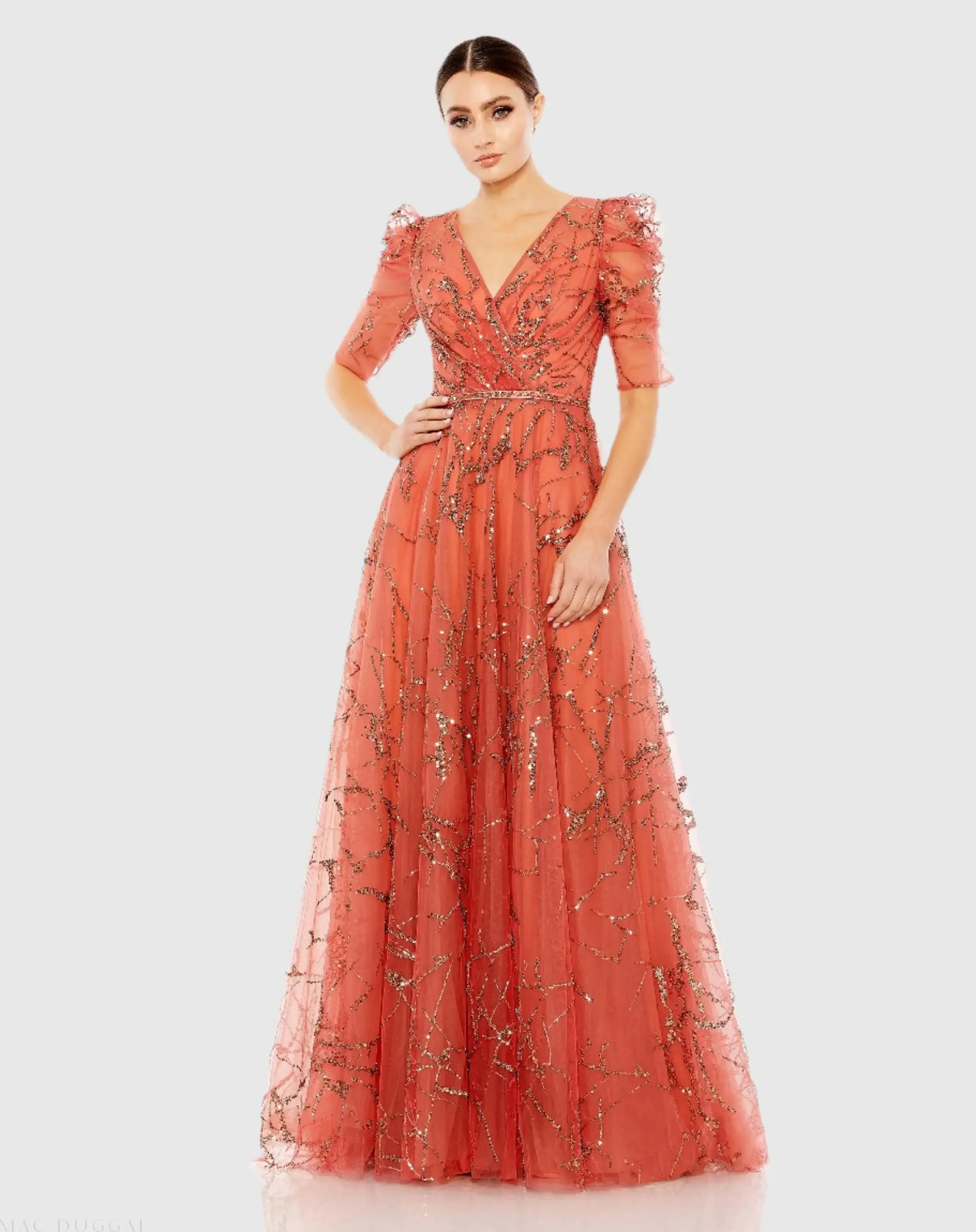 Orange Embellished Gathered Puff Sleeve Faux Wrap Gown - Mac Duggal