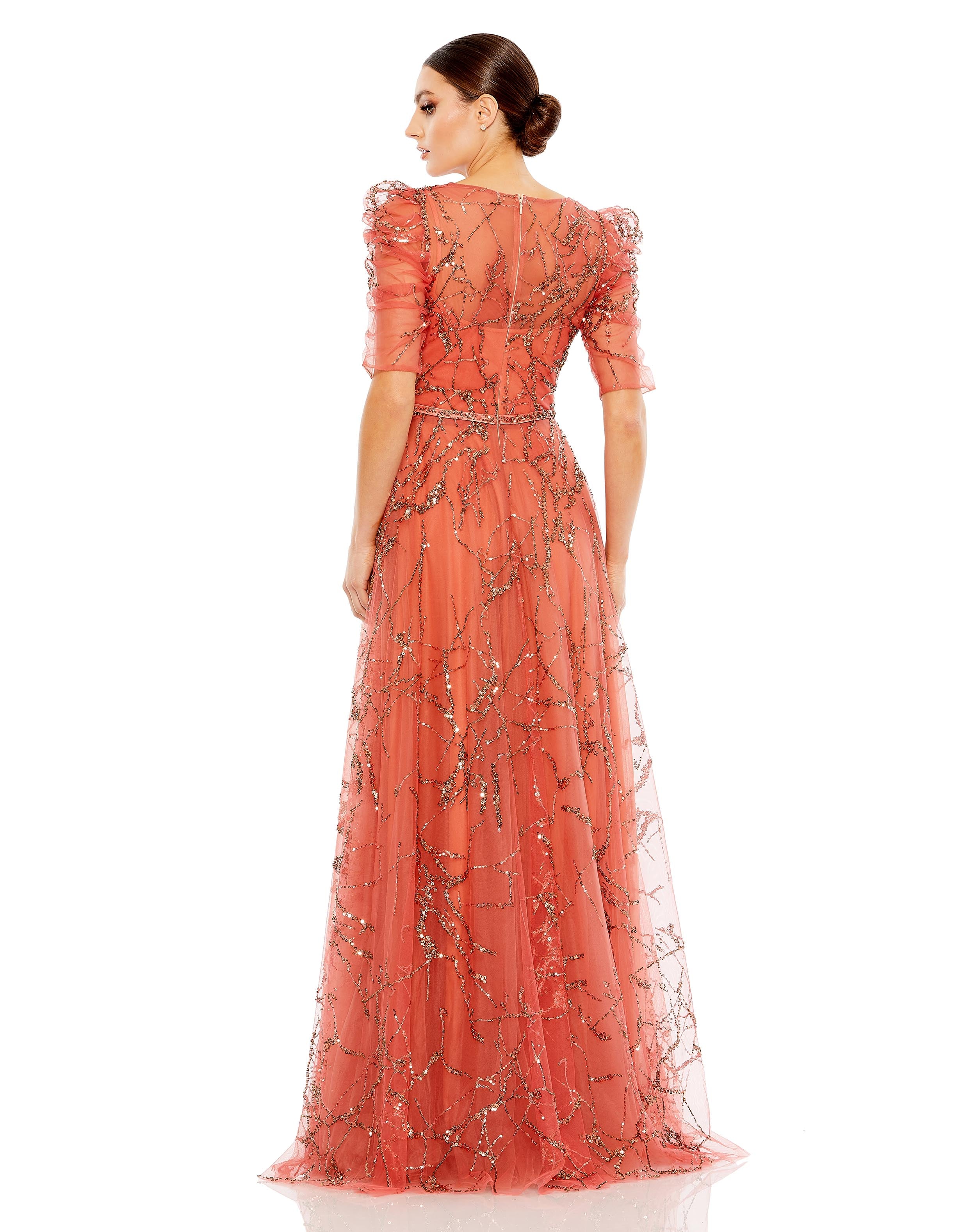 Embellished Gathered Puff Sleeve Faux Wrap Gown