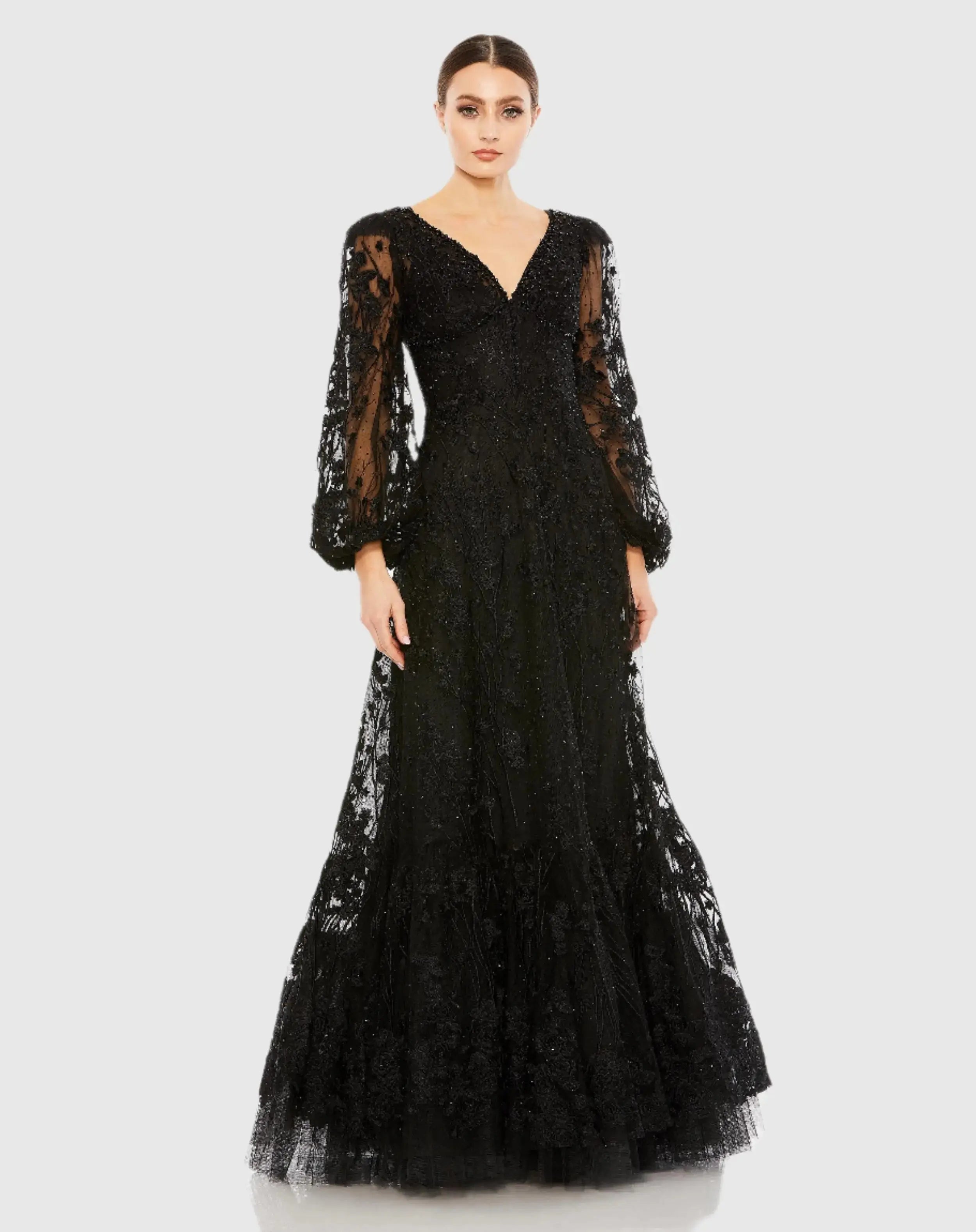 Black Puff Sleeve A-Line Embroidered Gown - Mac Duggal