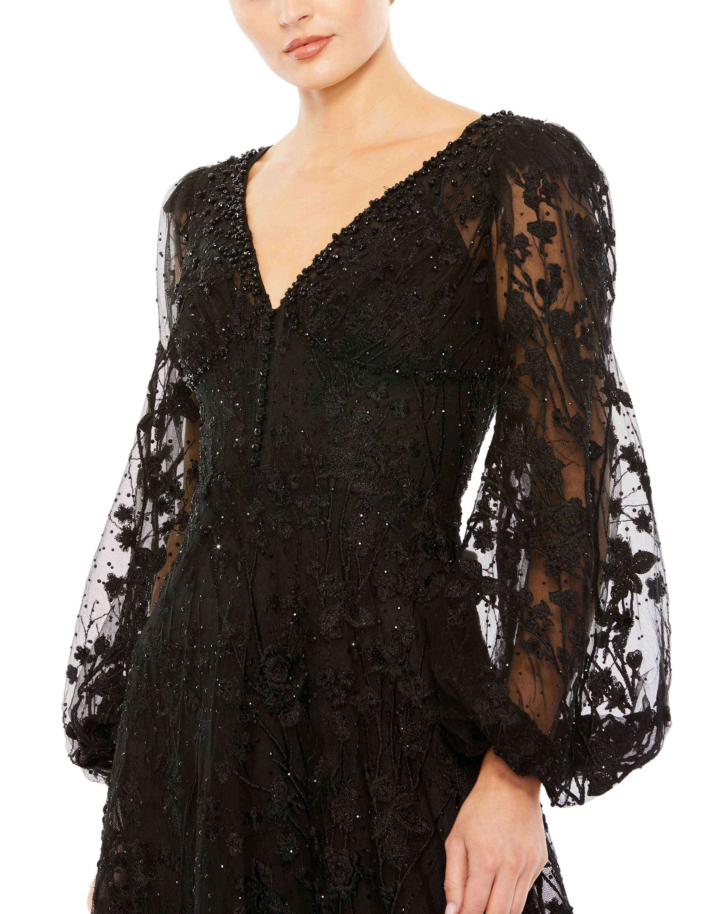 V Neck Puff Sleeve A Line Embroidered Gown