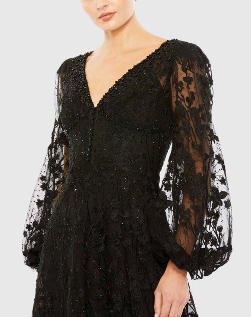 Puff Sleeve A-Line Embroidered Gown