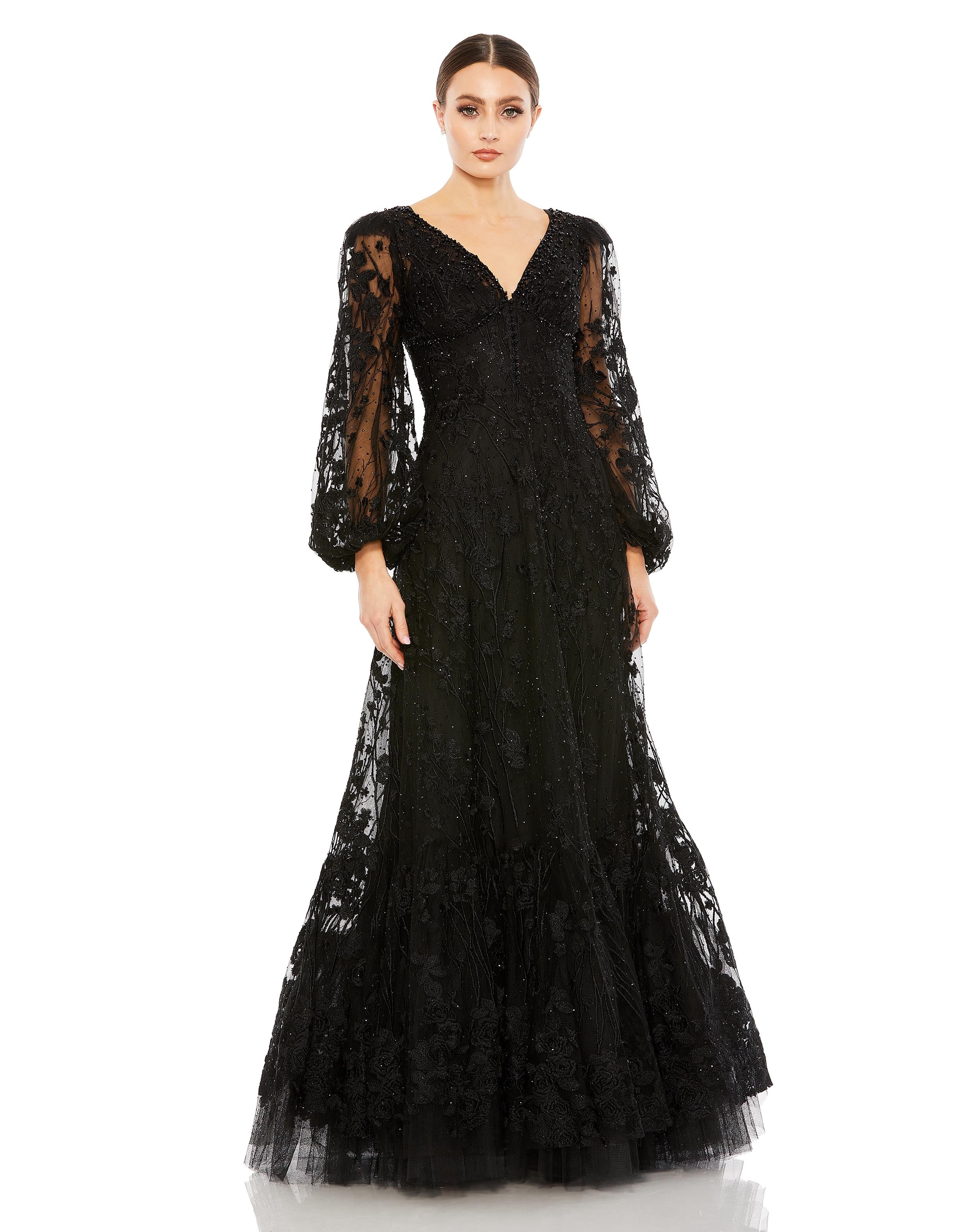V Neck Puff Sleeve A Line Embroidered Gown