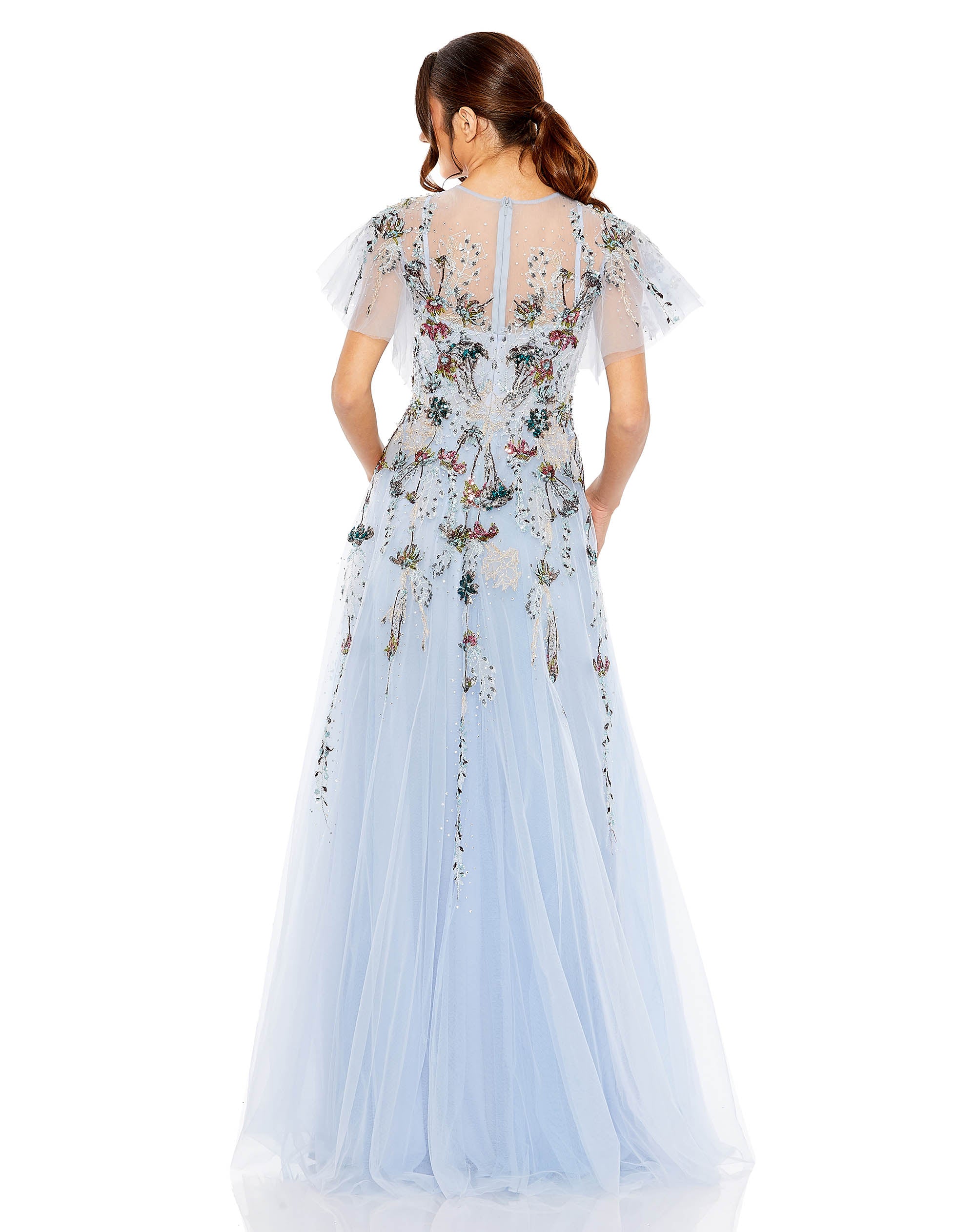 Embellished Multi Color Flutter Sleeve A-Line Dress
