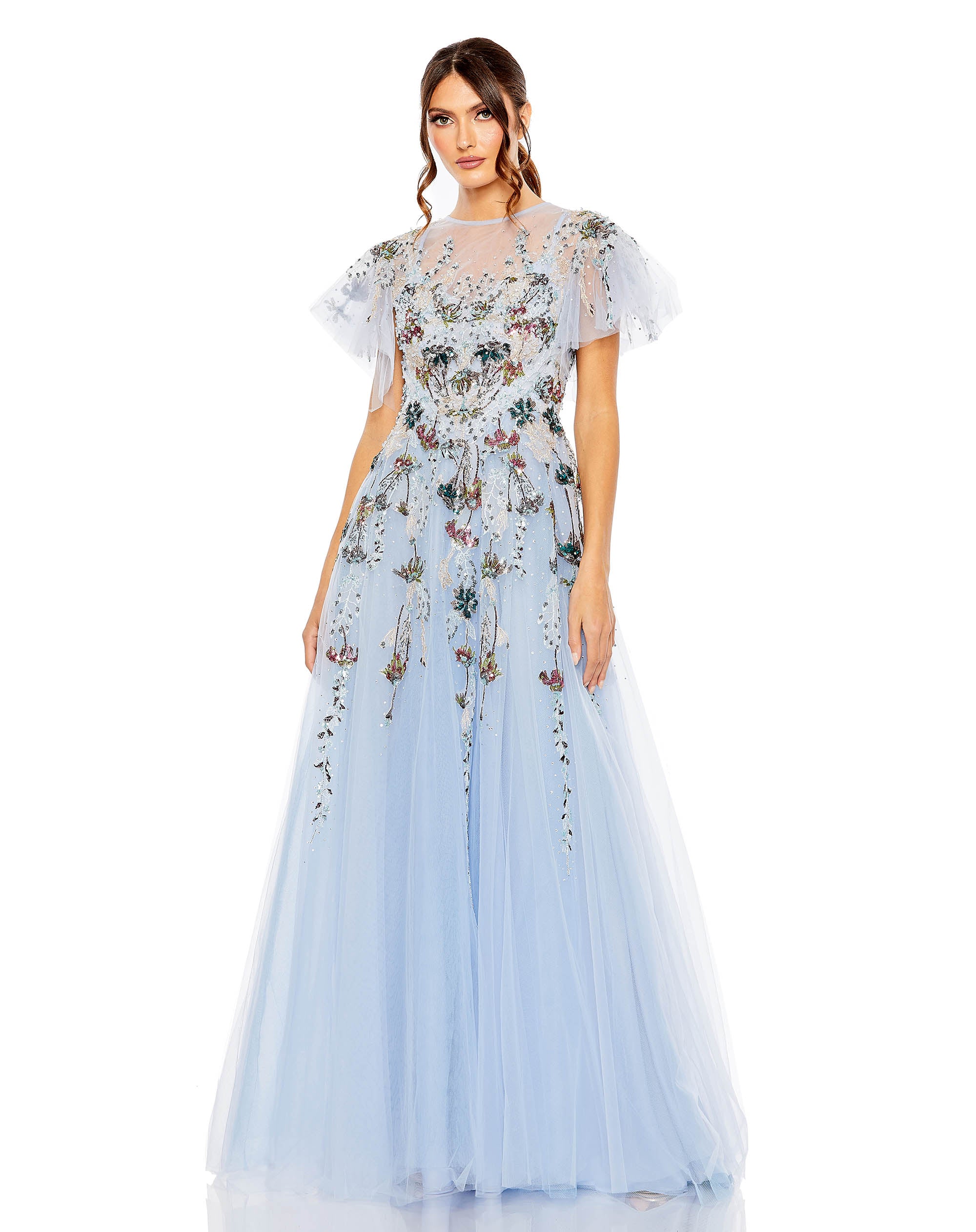Embellished Multi Color Flutter Sleeve A-Line Dress