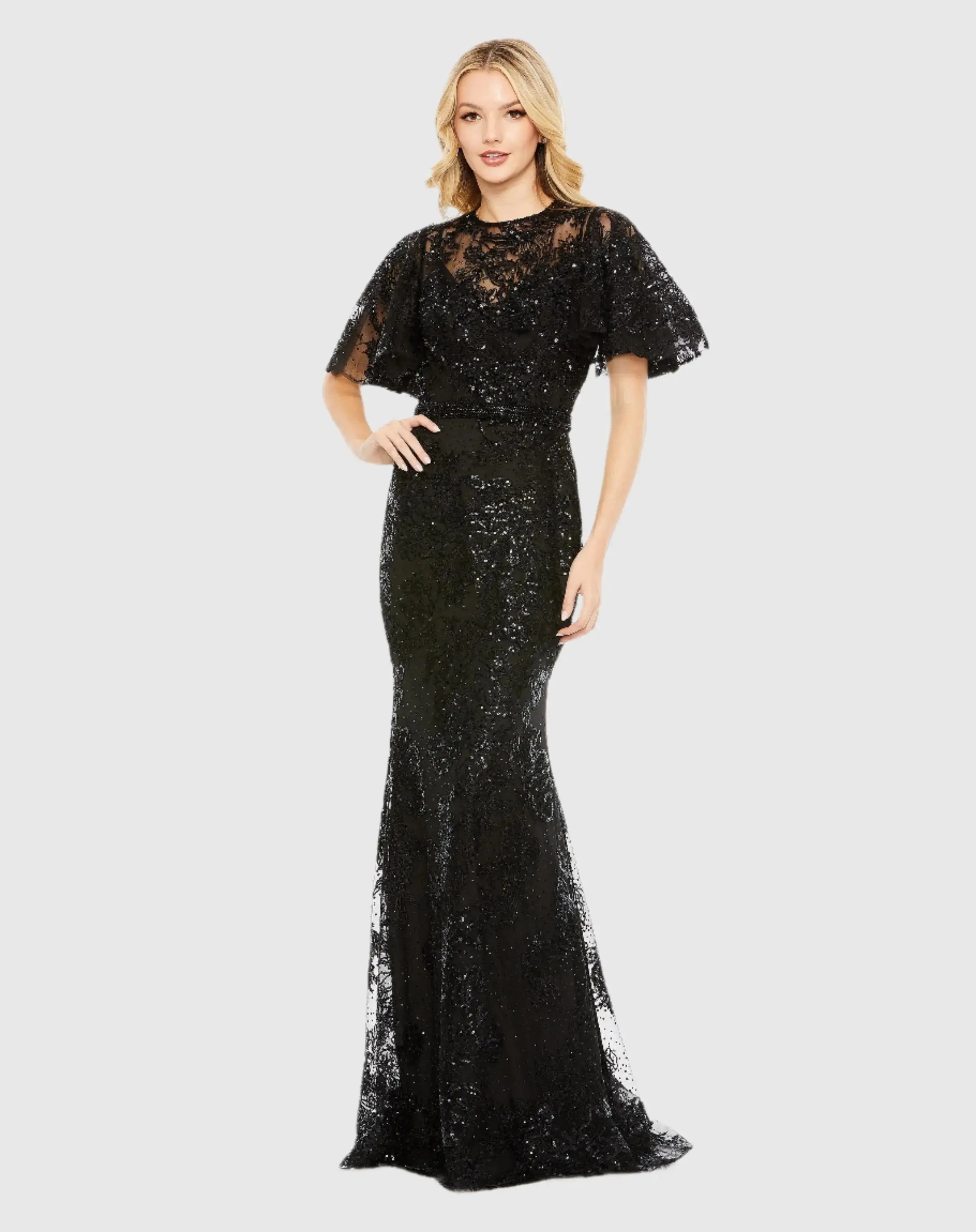 Blue Beaded Cap Sleeve Empire Waist Sheath Midi Dress | Mac Duggal Blue Beaded Cap Sleeve Empire Waist Sheath Midi Dress | Mac Duggal