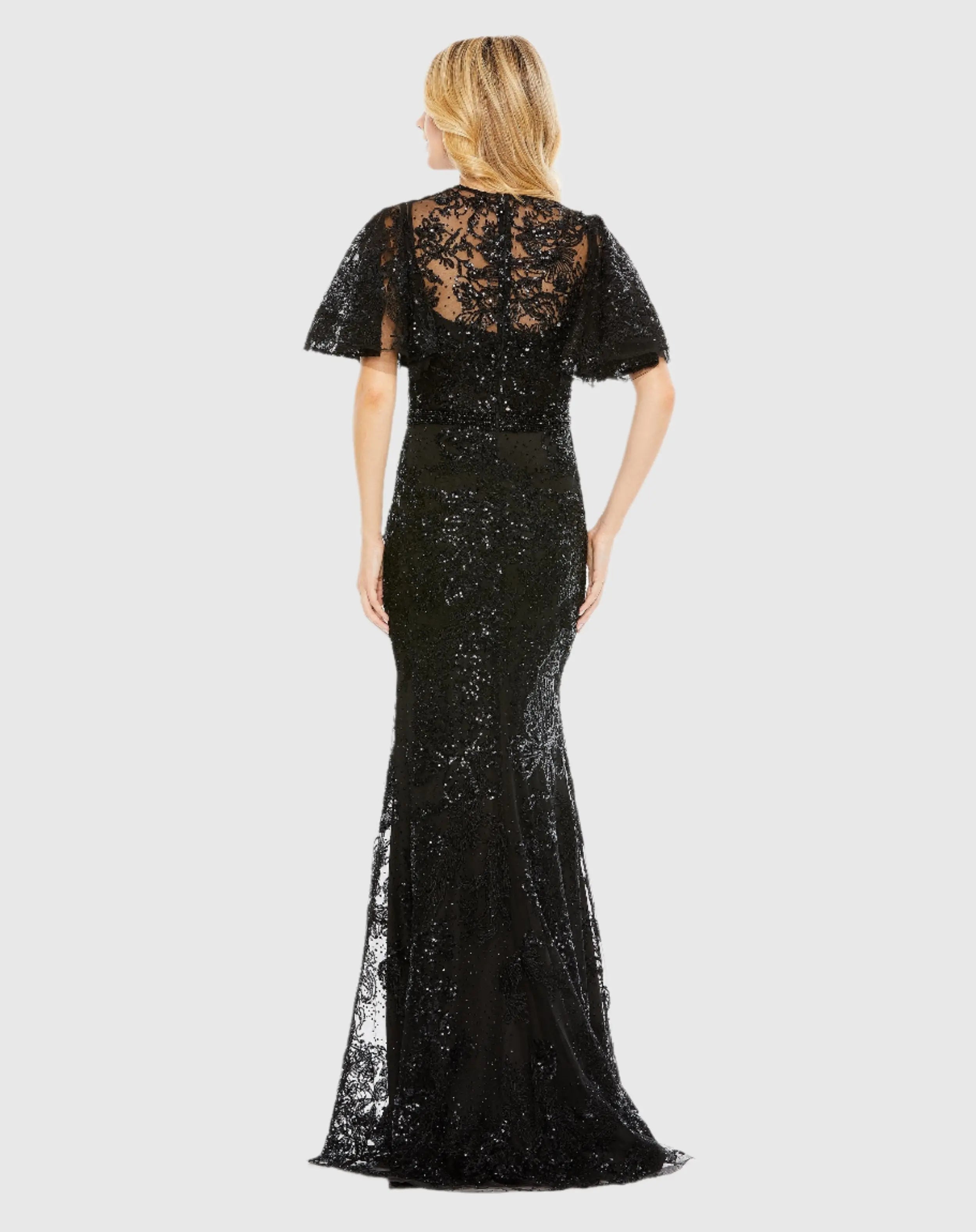 Black Embellished Flutter Sleeve High Neck Gown - Mac Duggal