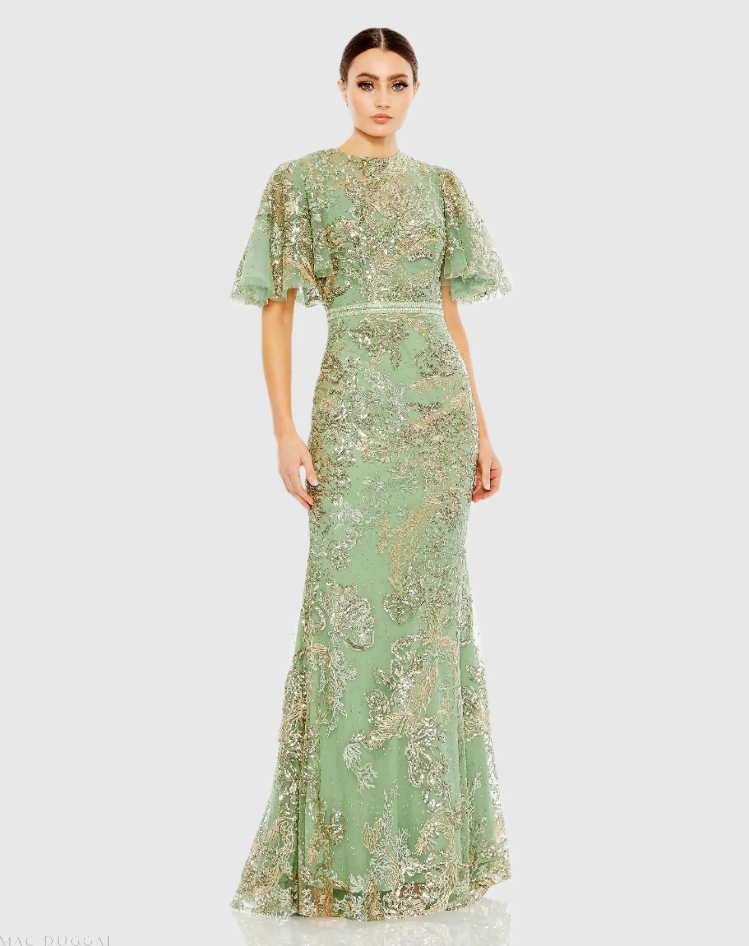 Green Embellished Flutter Sleeve High Neck Gown - Mac Duggal