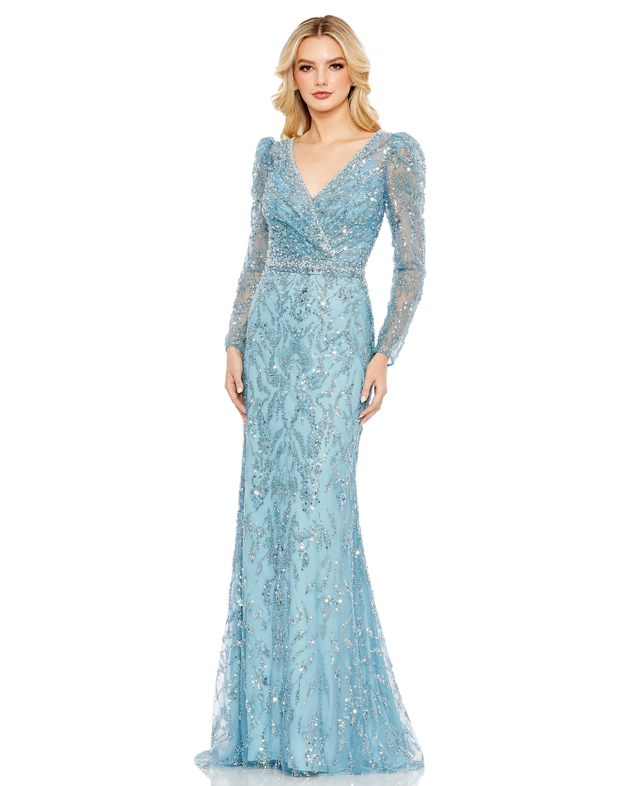 Wrap Around V-Neck Full Sleeve Sequin Embellished Gown
